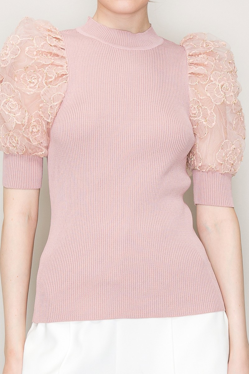 Mock Neck Floral Detail Puff Short Sleeve Knit Top #23658878
