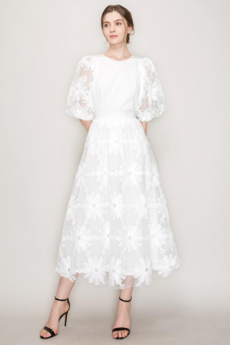 High Waist Floral Applique Dots Tulle Long Skirt #22107318