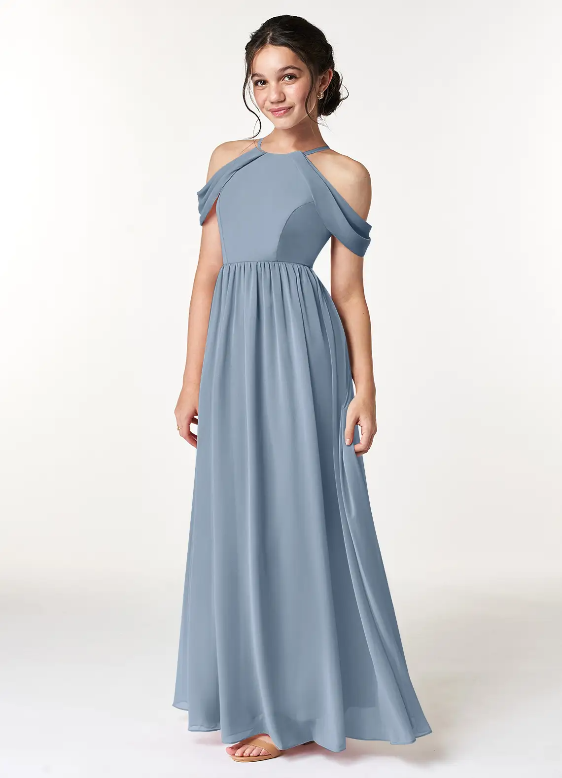 A-Line Off the Shoulder Chiffon Dusty Blue Junior Bridesmaid Dress