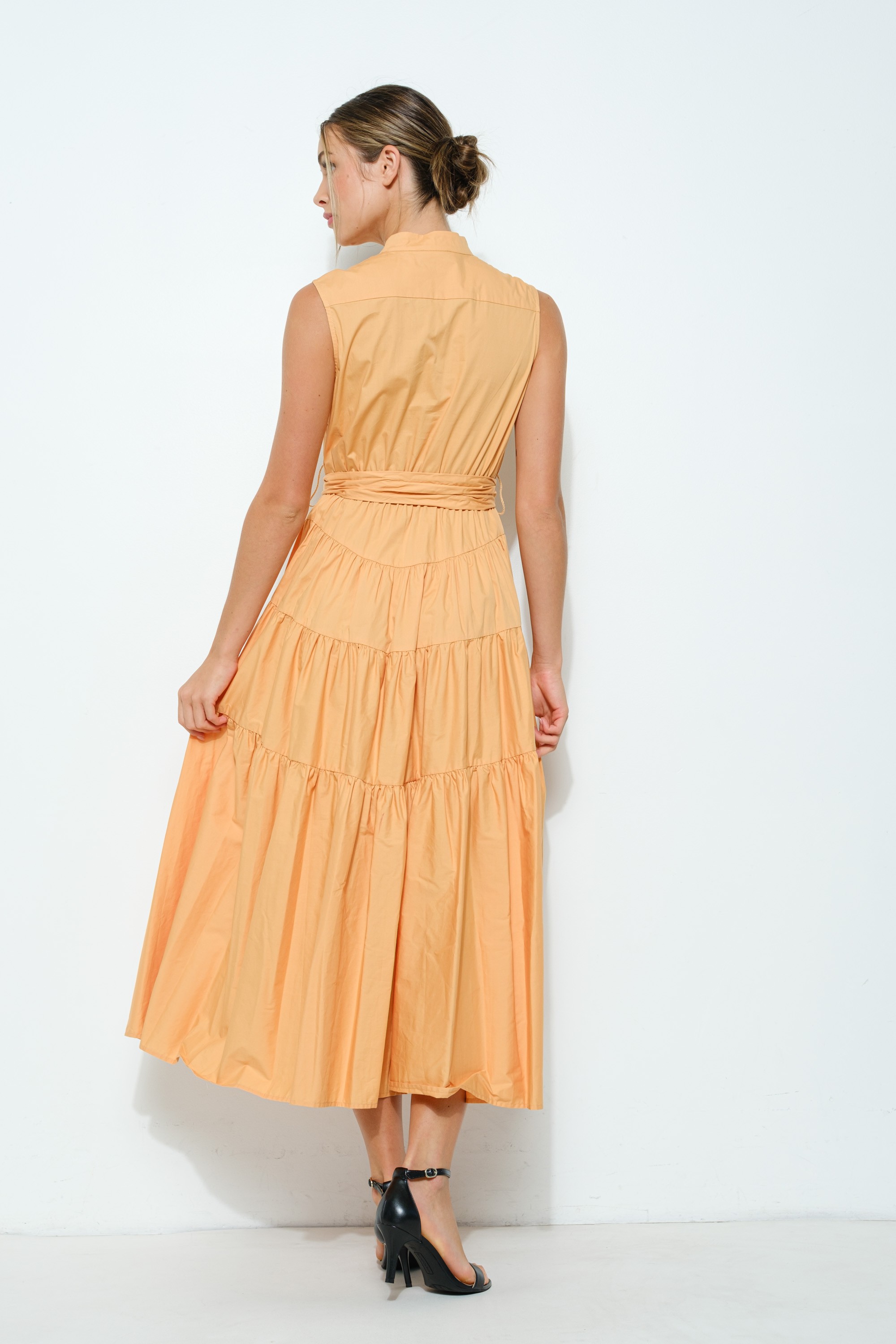 Cotton Sleeveless Tiered Self-tie Belt Midi Dress #23524714