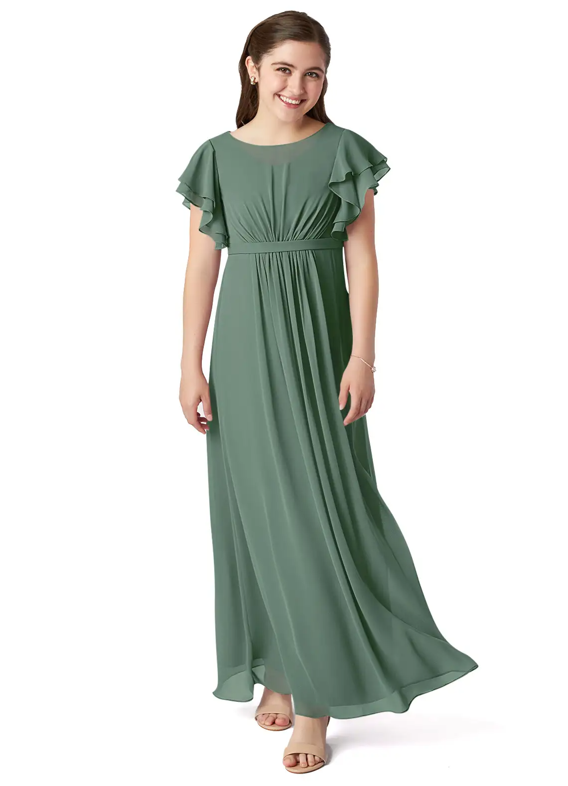 A-Line Scoop Pleated Chiffon Eucalyptus Junior Bridesmaid Dress
