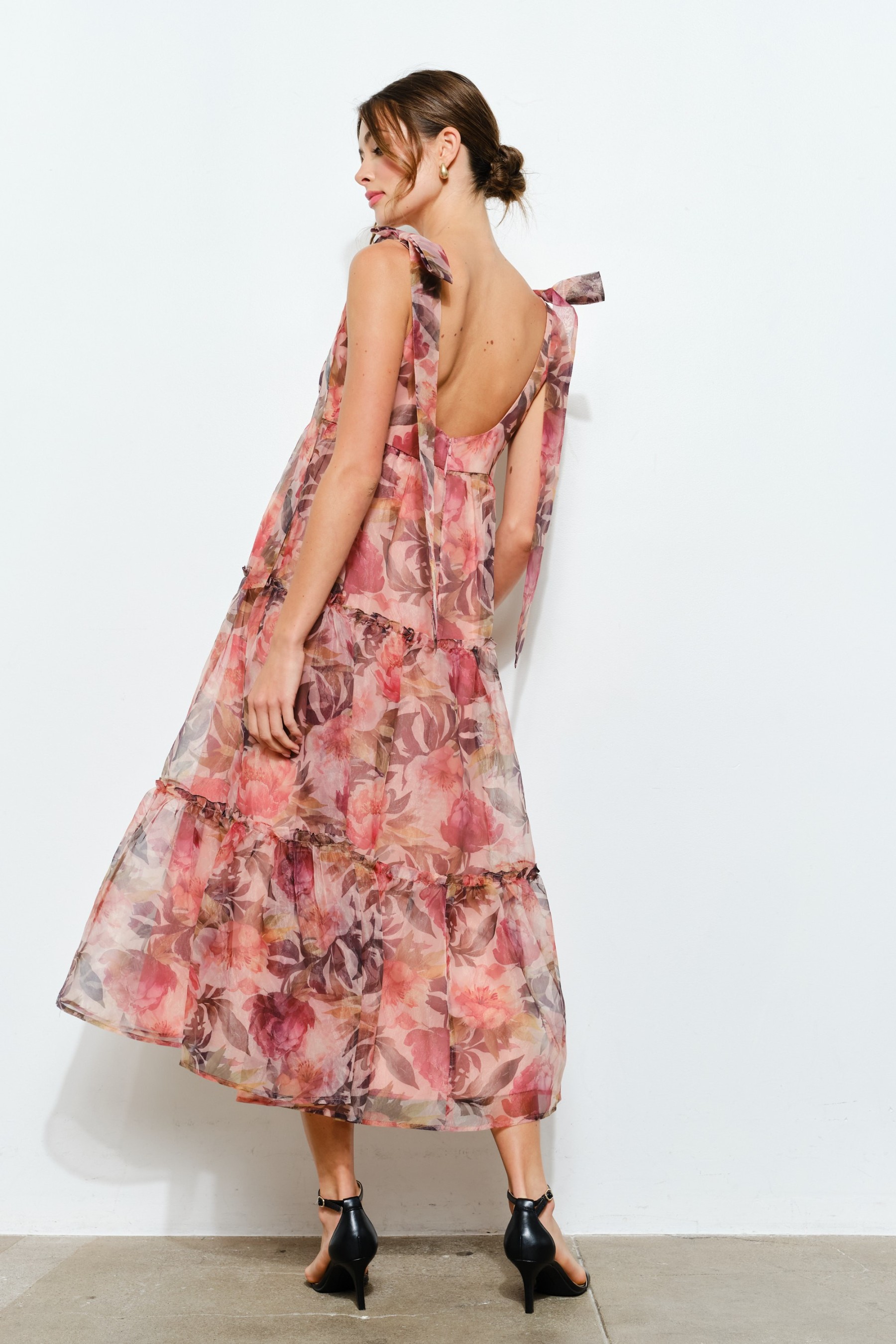Organza Floral Printed Tiered Midi Dress #23591848