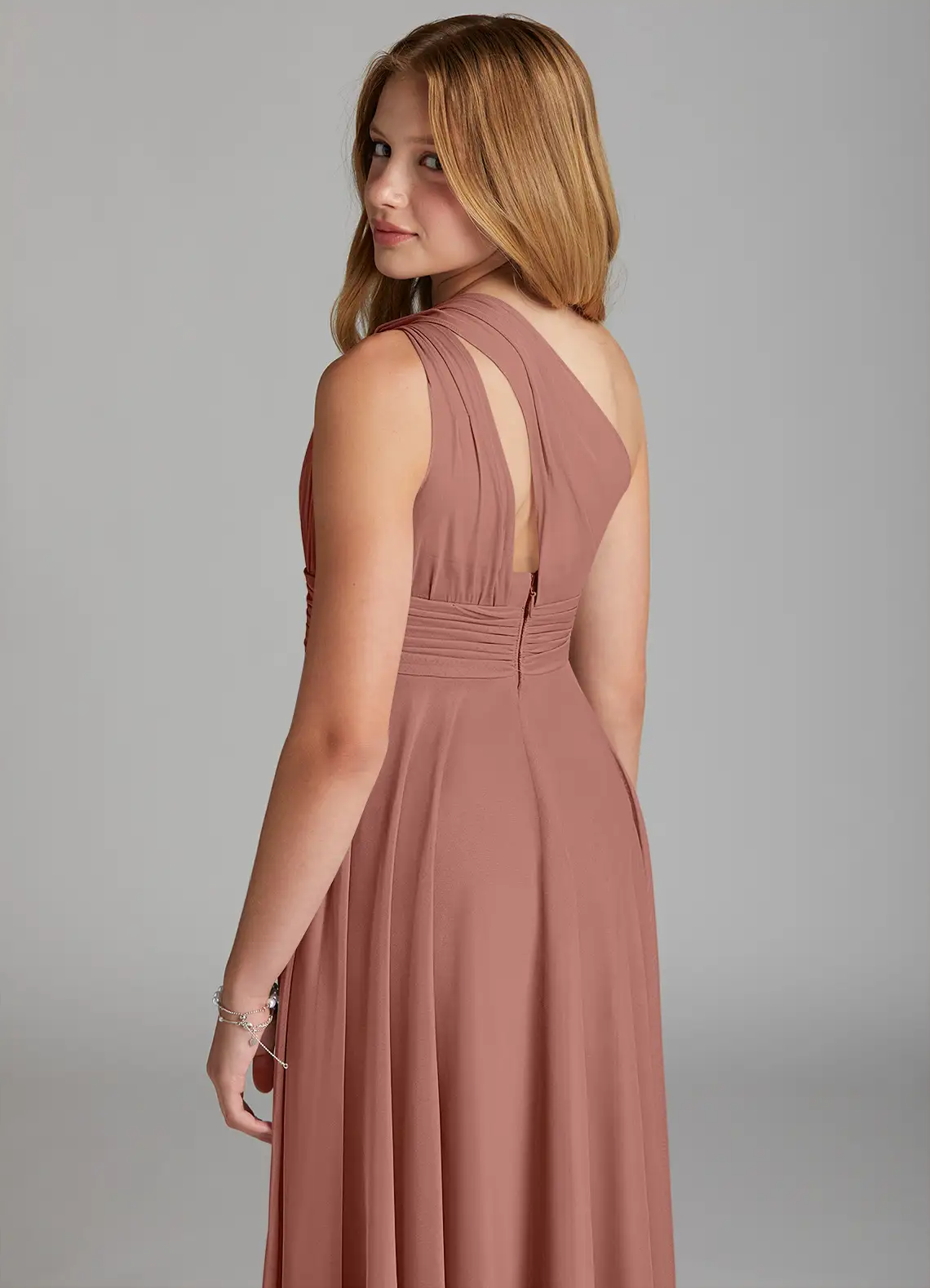 A-Line One-Shoulder Mesh Ruched Cedar Rose Junior Bridesmaid Dress