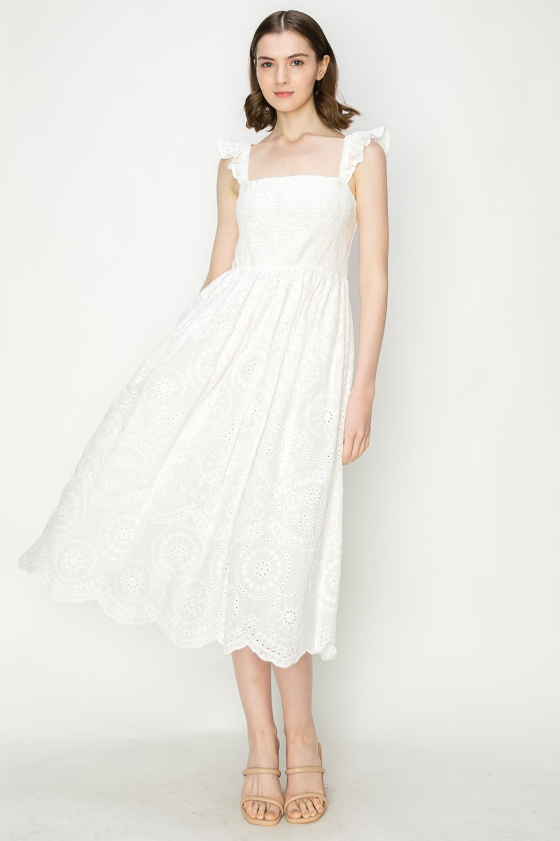 Cotton Sleeveless Embroidered Eyelet Midi Dress #23549027