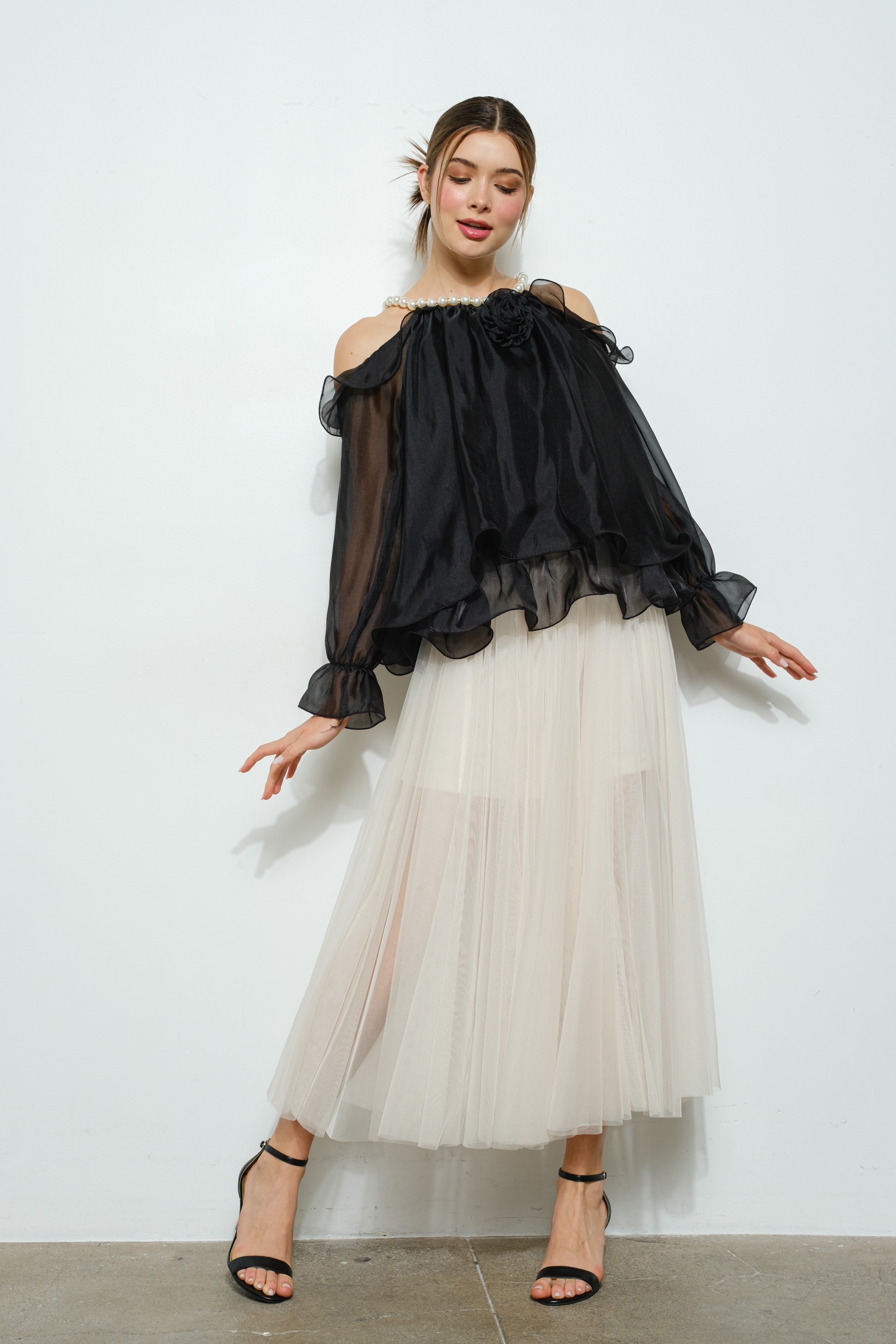 Off-shoulder Pearl Accent Organza Ruffle Blouse #23509052