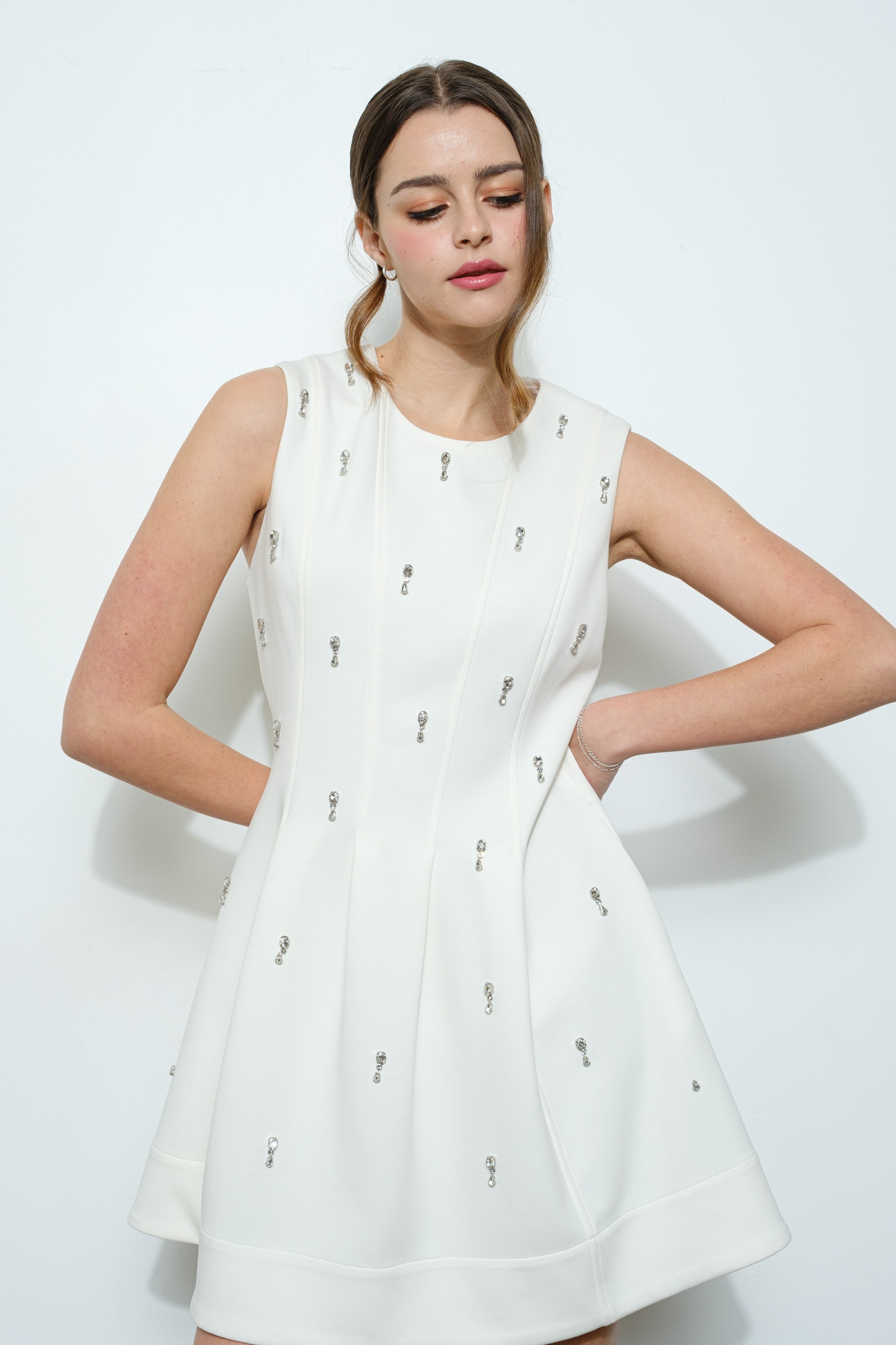 Crystal Embellished Pintuck Mini Dress #23570951