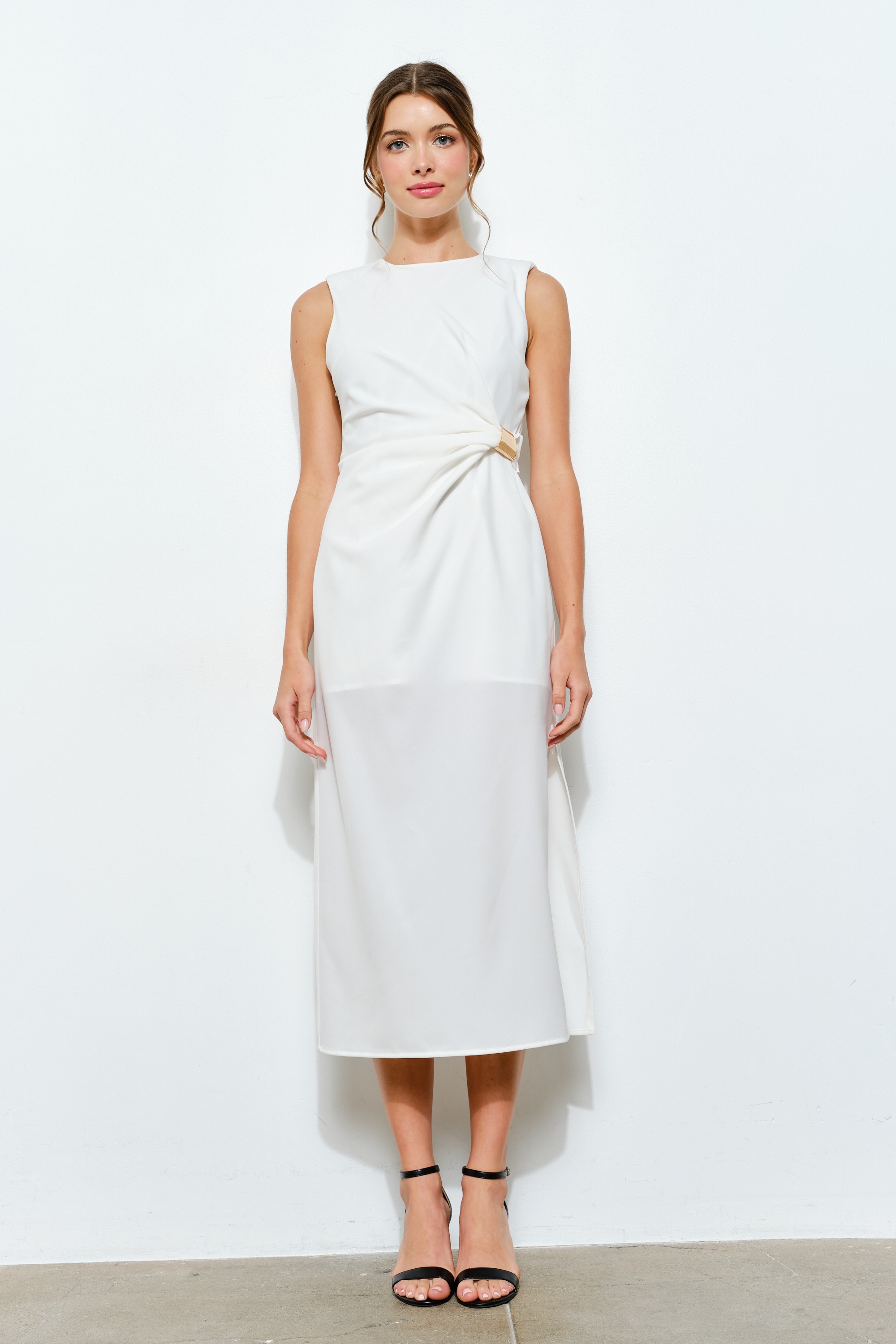 Sleeveless Draped Gold Accent Midi Dress #23592597