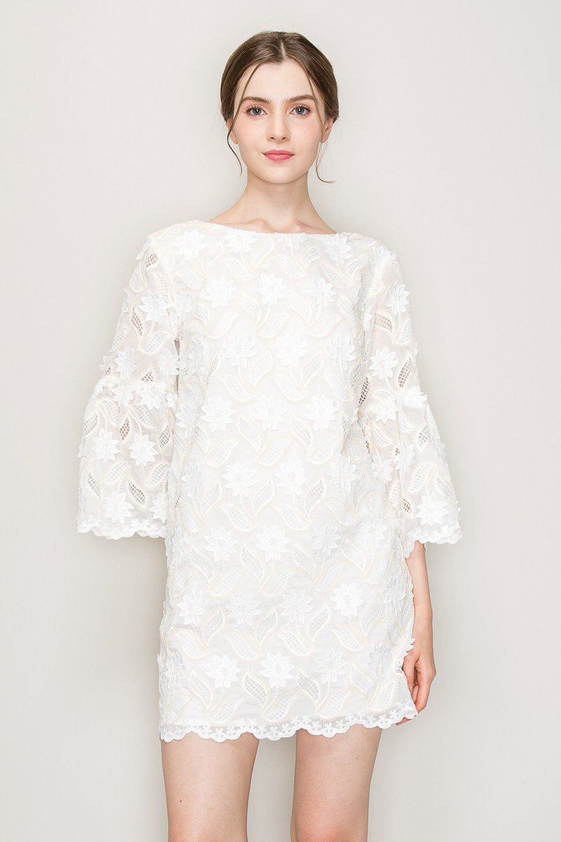 Floral Lace Three Quarter Sleeves Mini Dress #23600503
