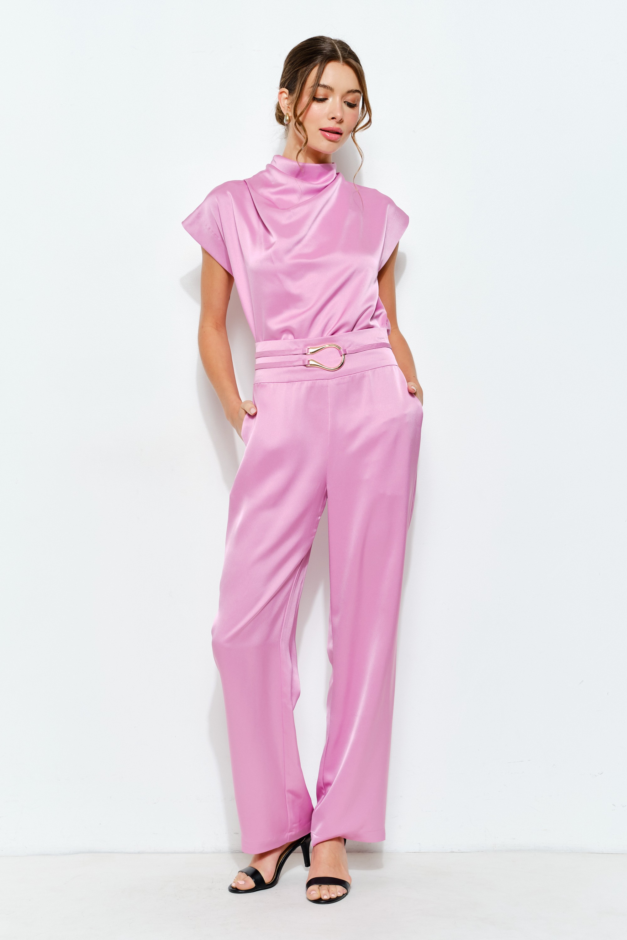Satin Draped High-neck Cap-sleeve Top #23691171
