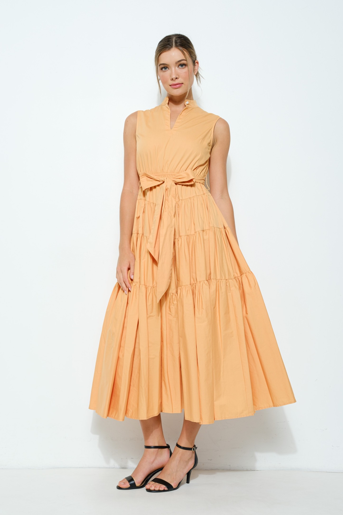 Cotton Sleeveless Tiered Self-tie Belt Midi Dress #23524714