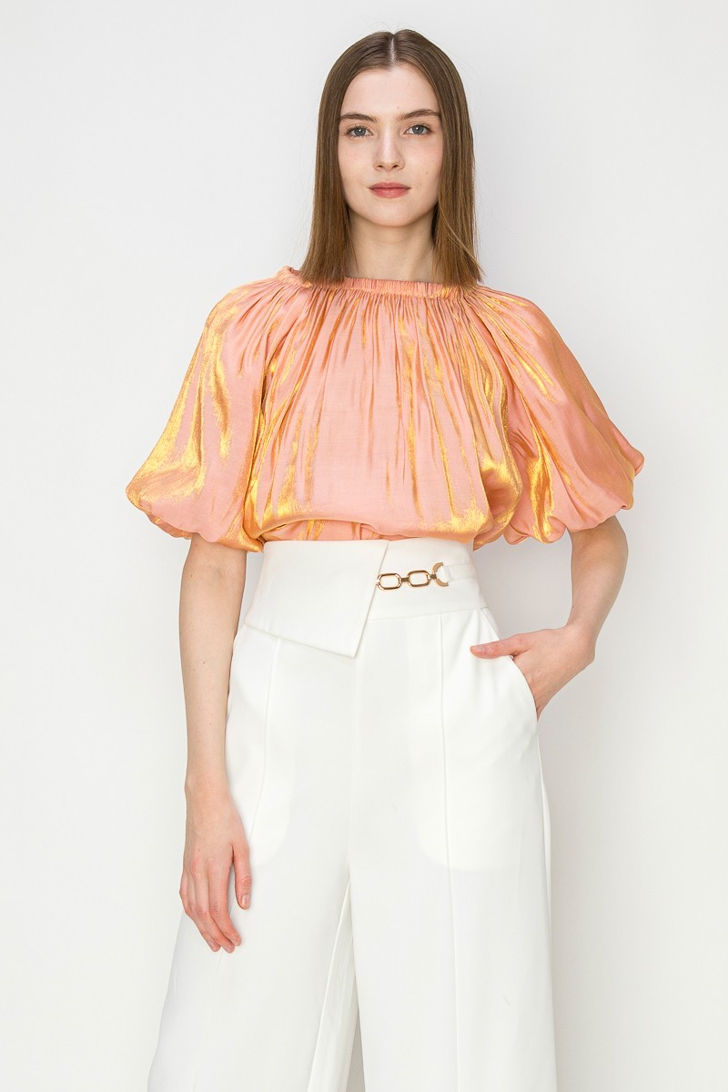 Satin Puff Balloon Sleeves Blouse Top #23108197