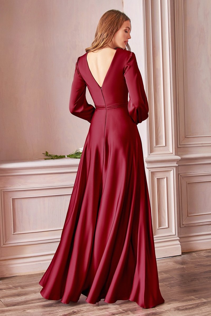  A-Line Deep V-Neck Satin Long Sleeve Pleated Bridesmaid Dress #7475