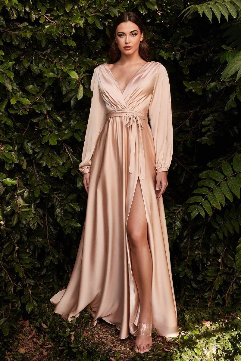  A-Line Deep V-Neck Satin Long Sleeve Pleated Bridesmaid Dress #7475