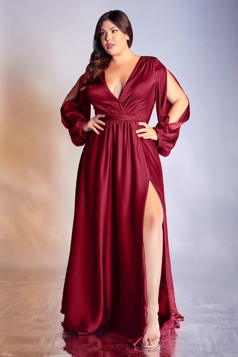A-Line Deep V-Neck Satin Long Sleeve Pleated Bridesmaid Dress #7475C