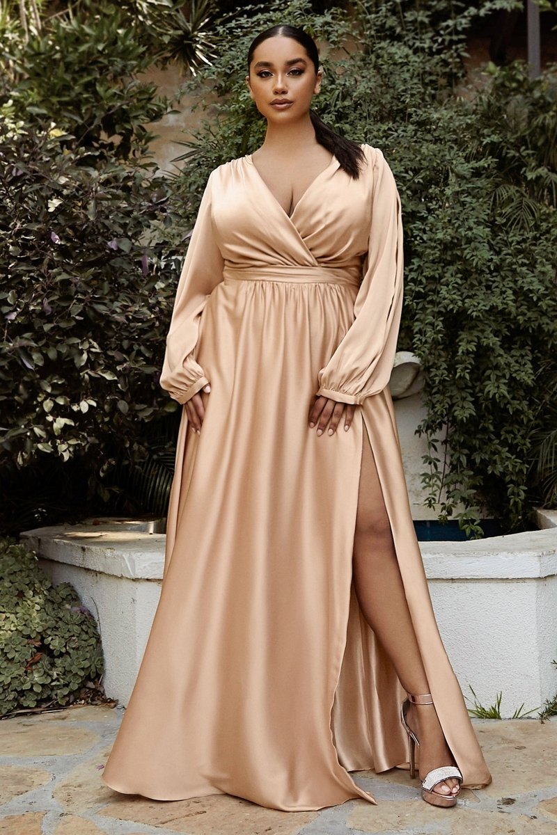 A-Line Deep V-Neck Satin Long Sleeve Pleated Bridesmaid Dress #7475C
