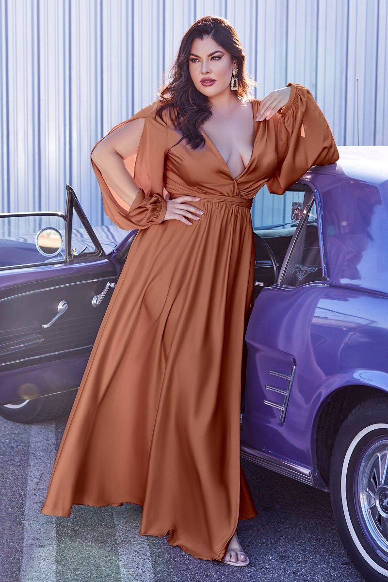A-Line Deep V-Neck Satin Long Sleeve Pleated Bridesmaid Dress #7475C