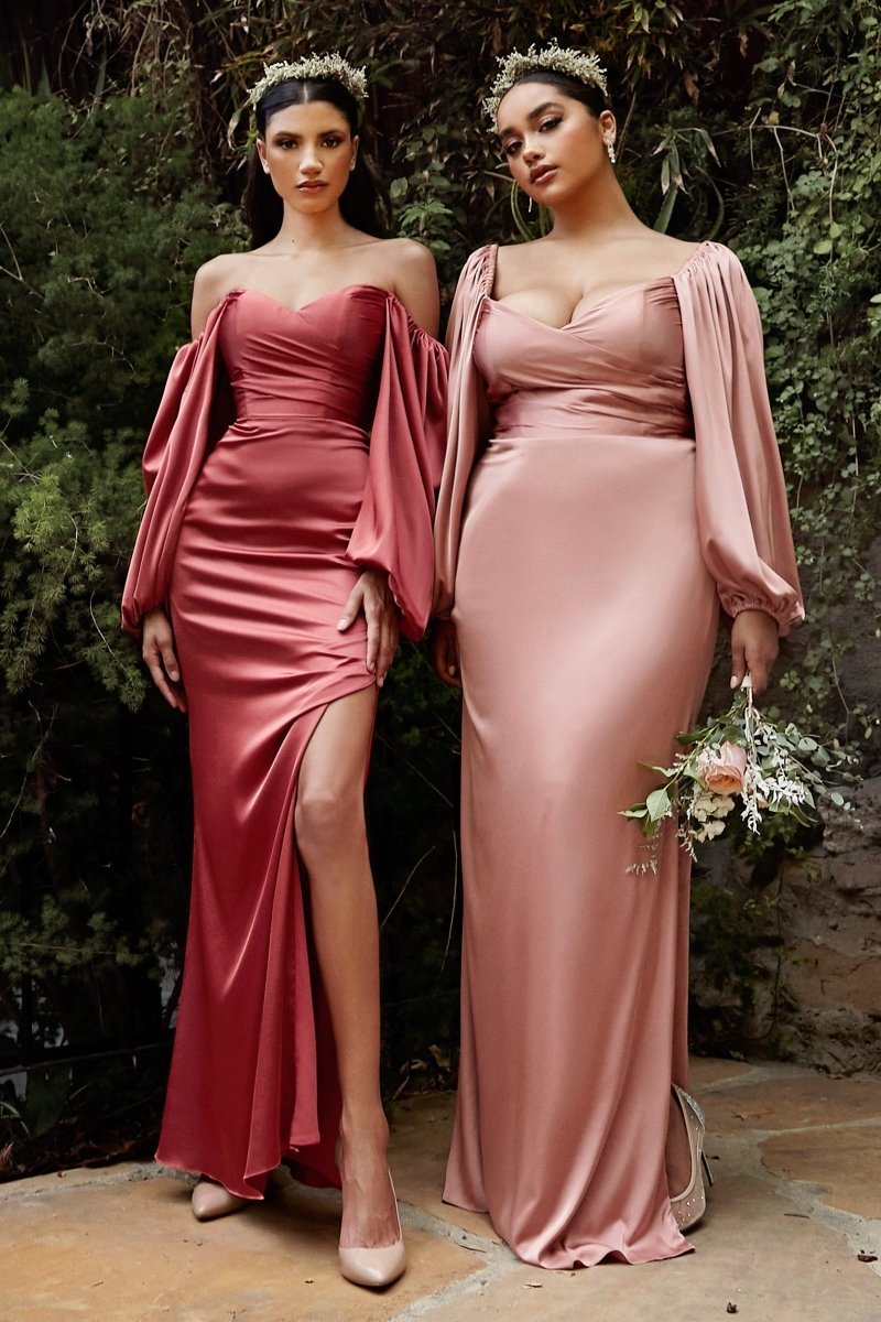 Flattering Sweetheart Soft Satin Slit Long Sleeve Bridesmaid Dress #7482C