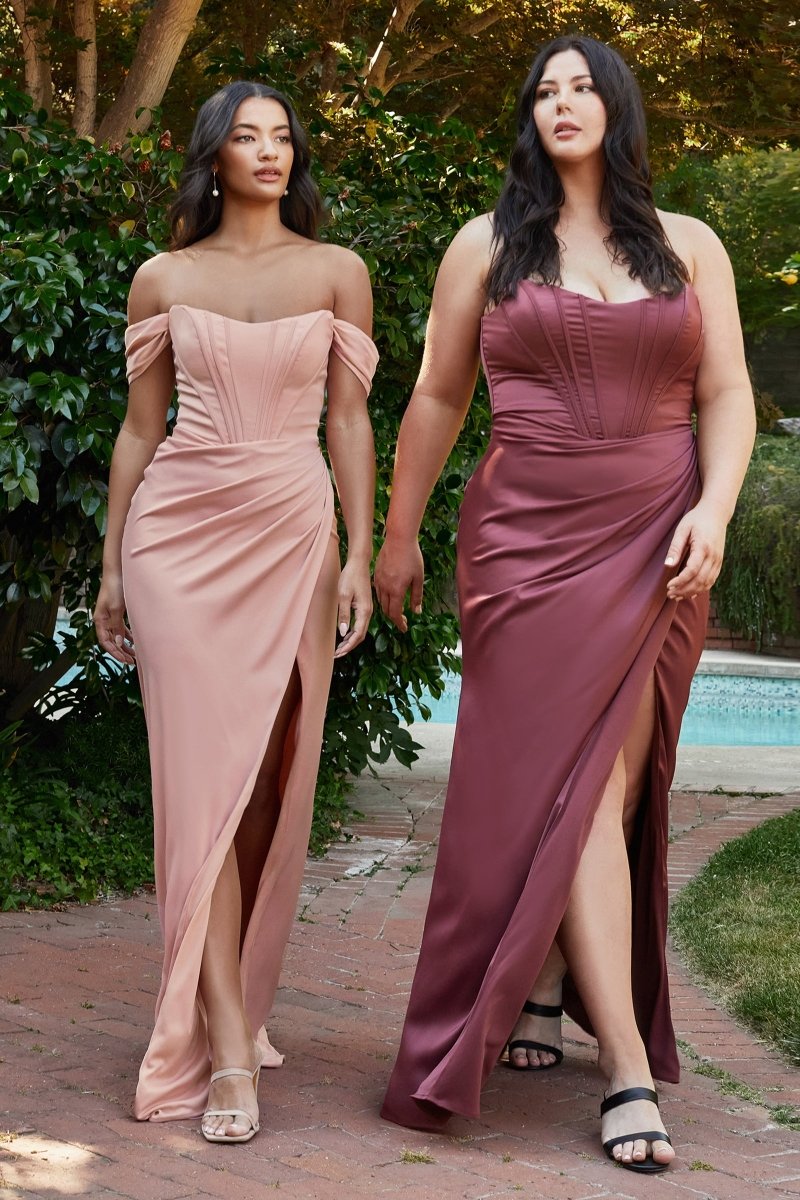 Fit Straps Satin Corset Off The Shoulder Brdeismaid Dress #7484C