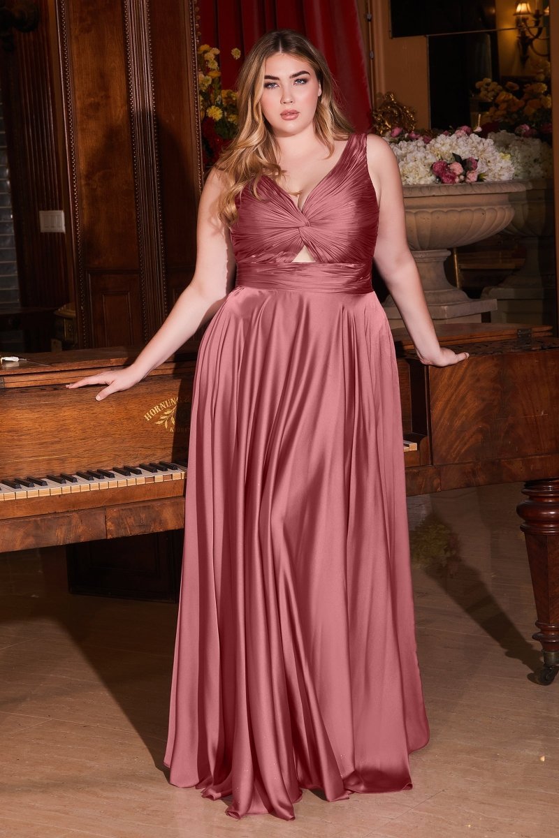 A-Line Keyhole Twisted Bodice Straps Satin Plus Size Bridesmaid Dress #7497C