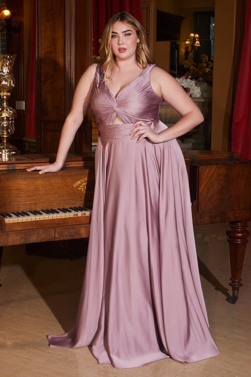 A-Line Keyhole Twisted Bodice Straps Satin Plus Size Bridesmaid Dress #7497C