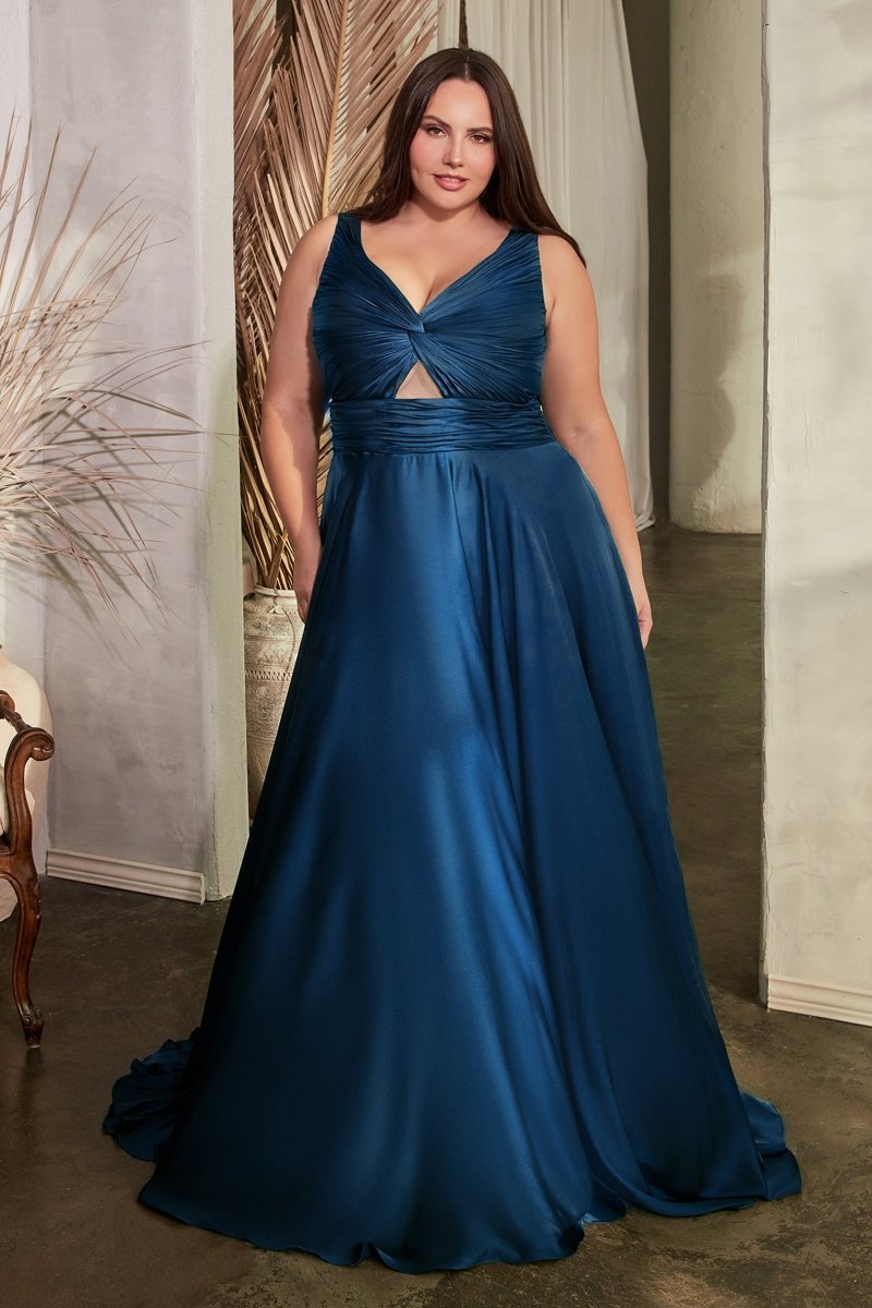 A-Line Keyhole Twisted Bodice Straps Satin Plus Size Bridesmaid Dress #7497C
