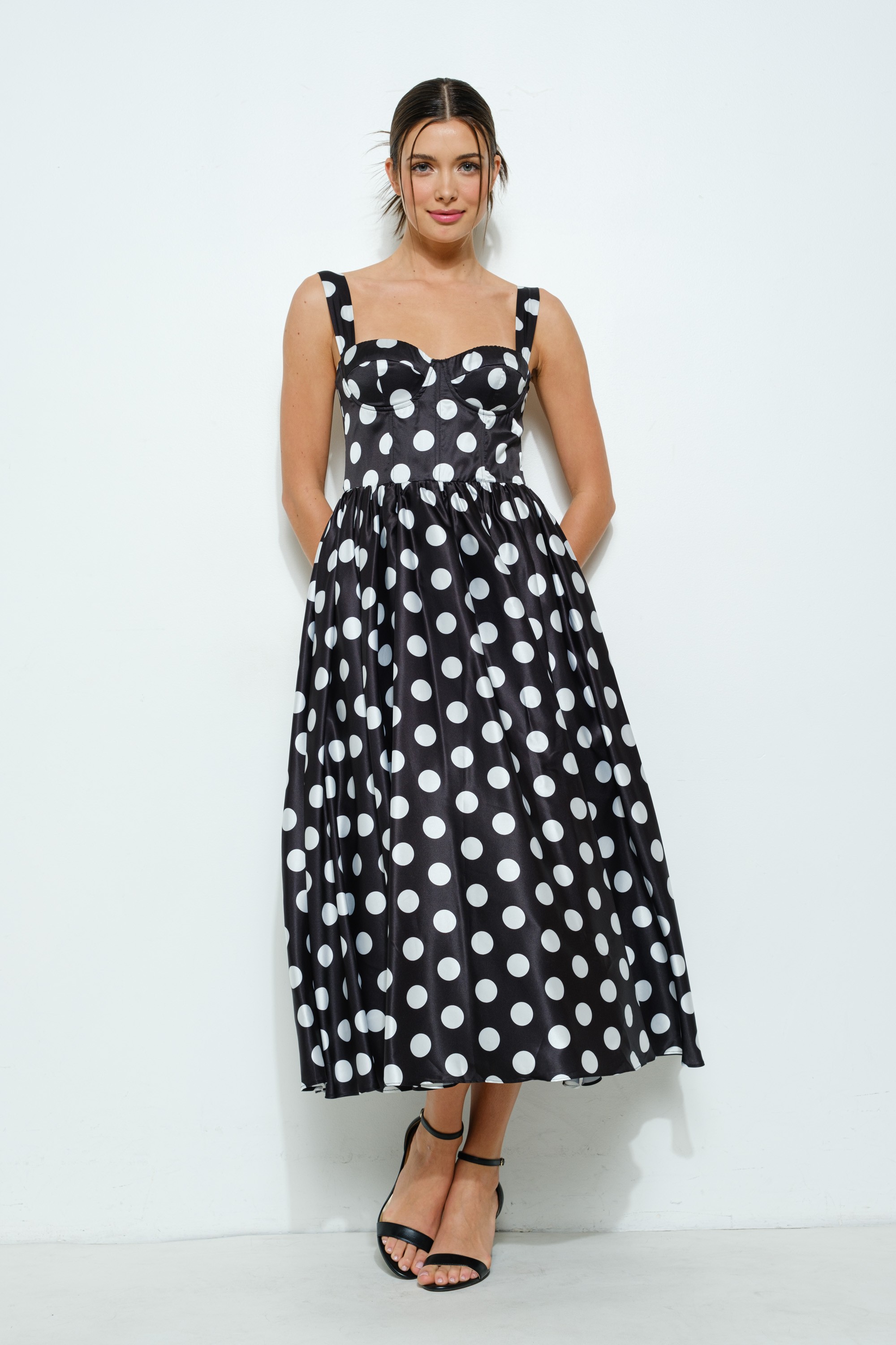 Sweetheart Polka Dot Bustier Midi Dress #23556372