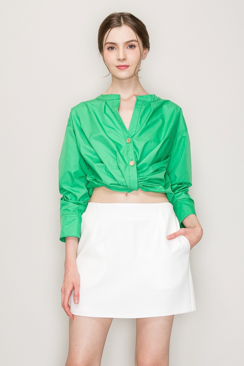 Long Sleeve Gathered Detail Shirt Crop Top #23493913