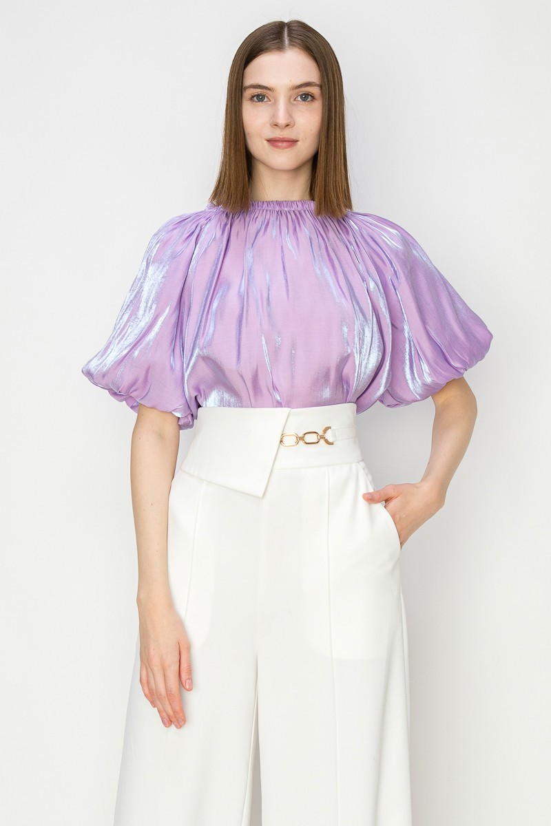 Satin Puff Balloon Sleeves Blouse Top #23108197