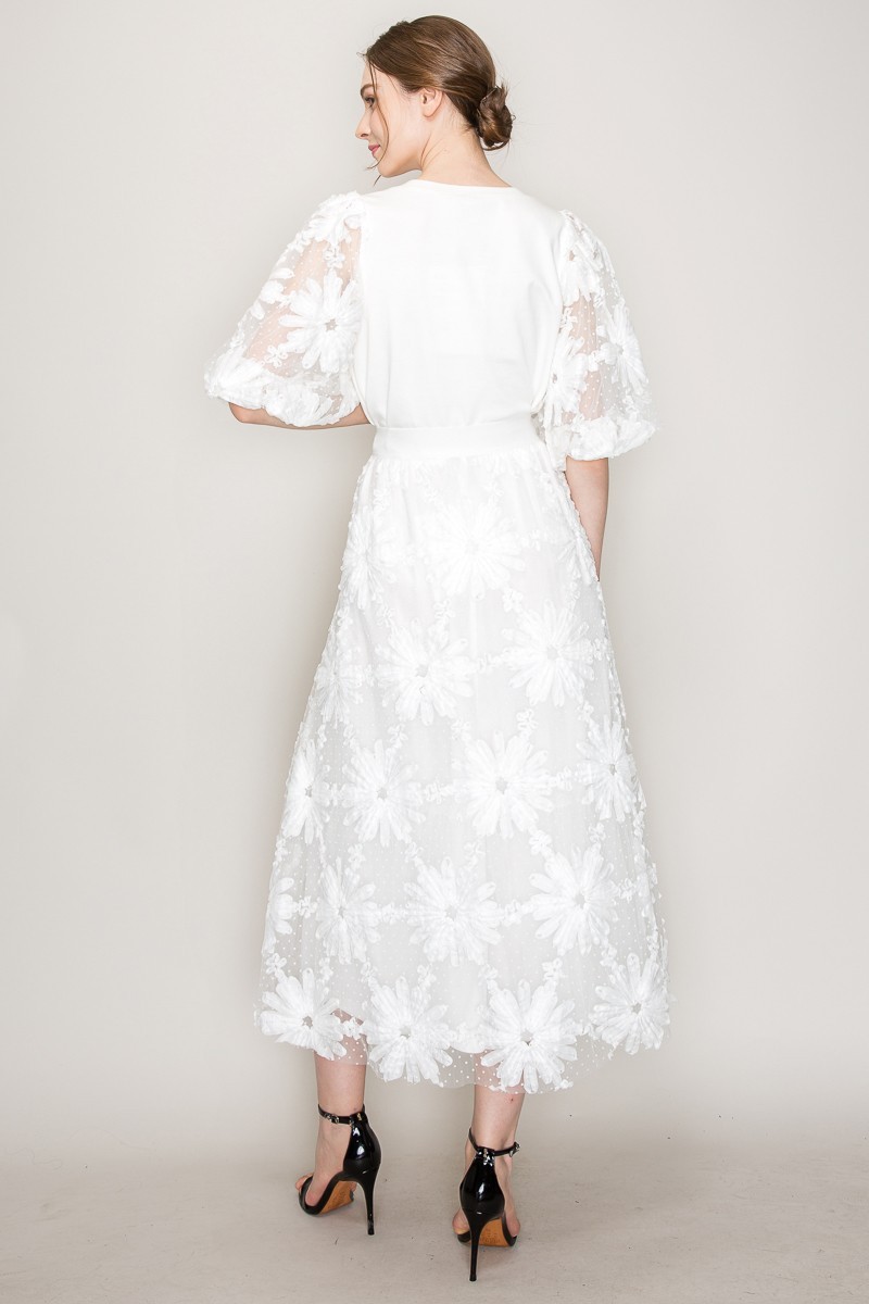 High Waist Floral Applique Dots Tulle Long Skirt #22107318