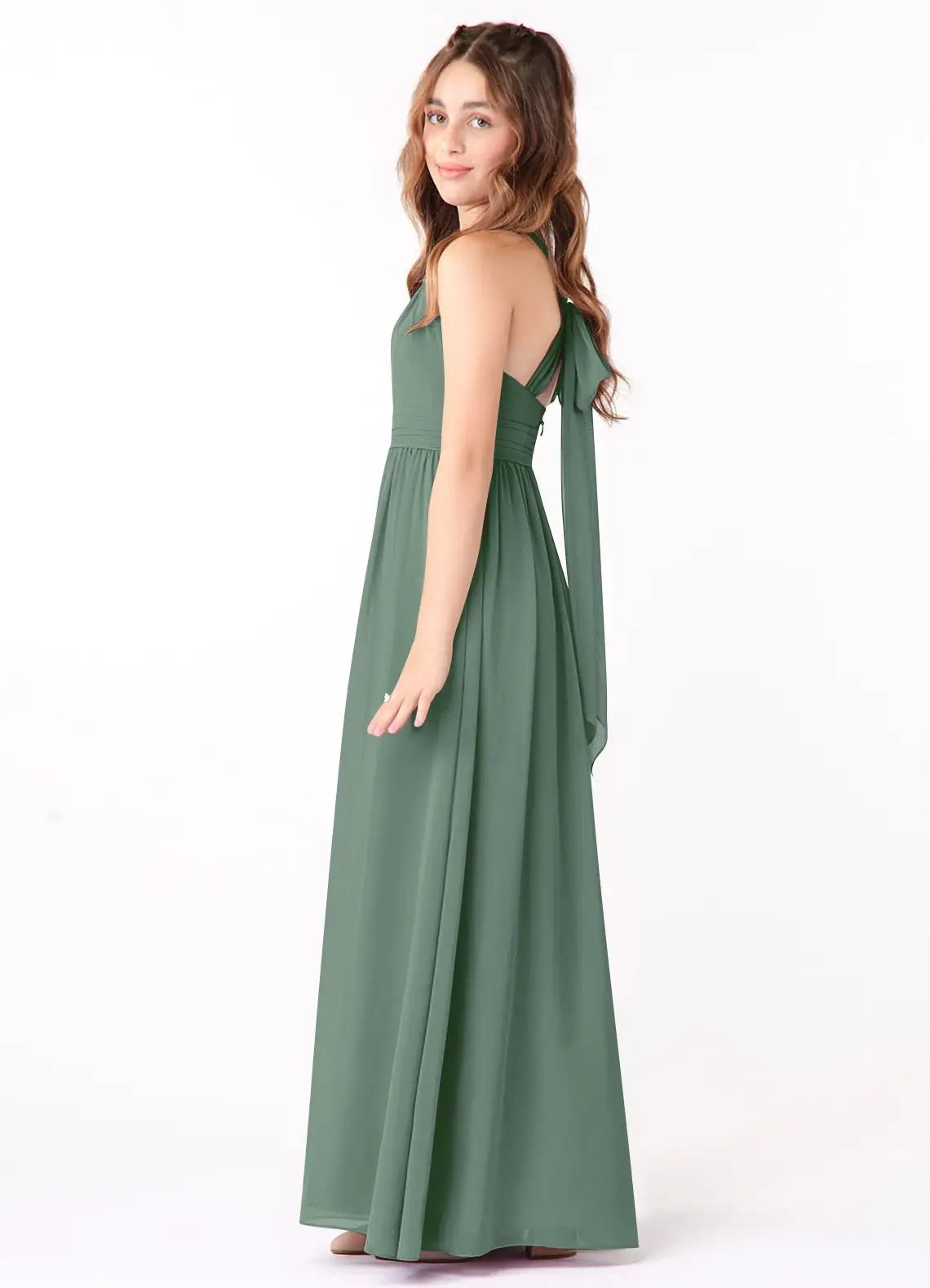 A-Line Scoop Ruched Chiffon Eucalyptus Junior Bridesmaid Dress