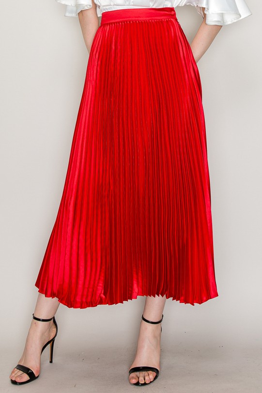 High Waist Satin Pleated Long Skirt #22890652
