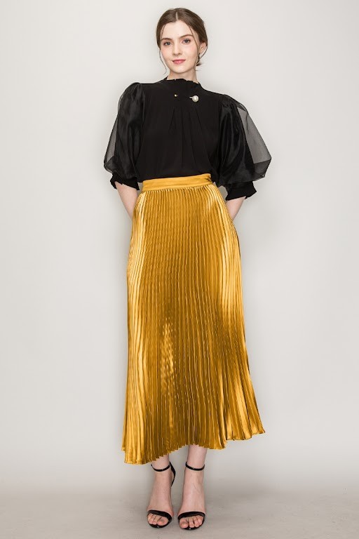 High Waist Satin Pleated Long Skirt #22890652