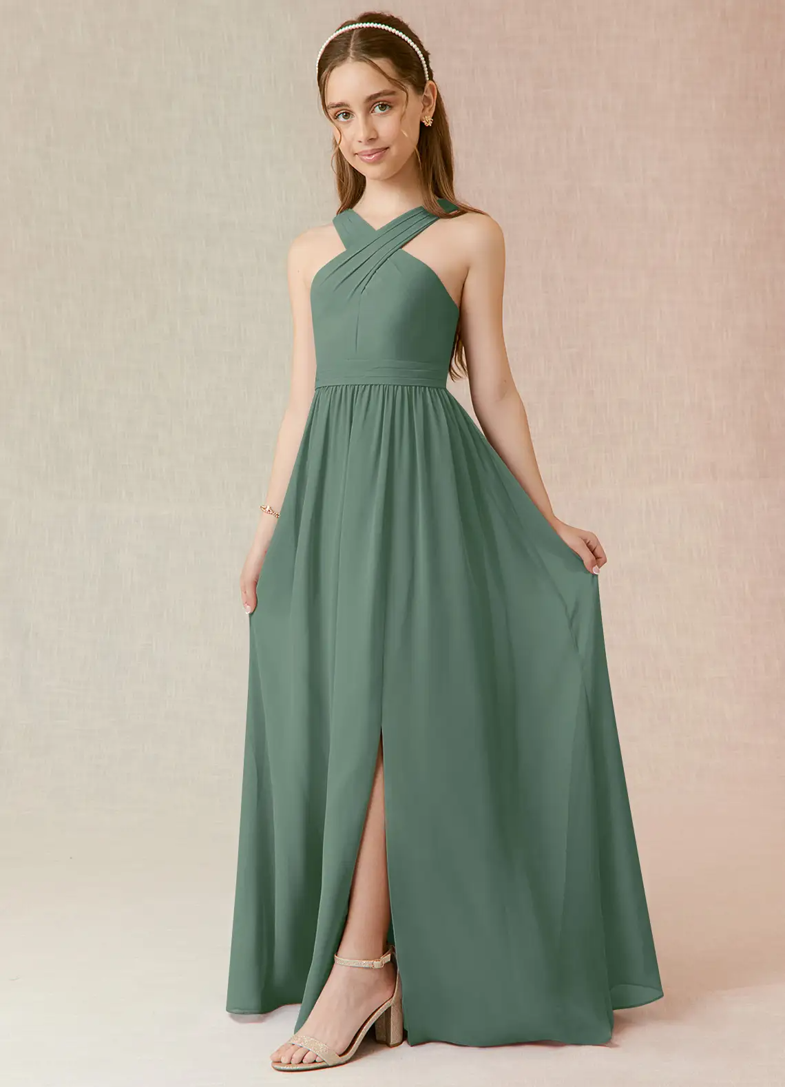 A-Line Halter Pleated Chiffon Eucalyptus Junior Bridesmaid Dress