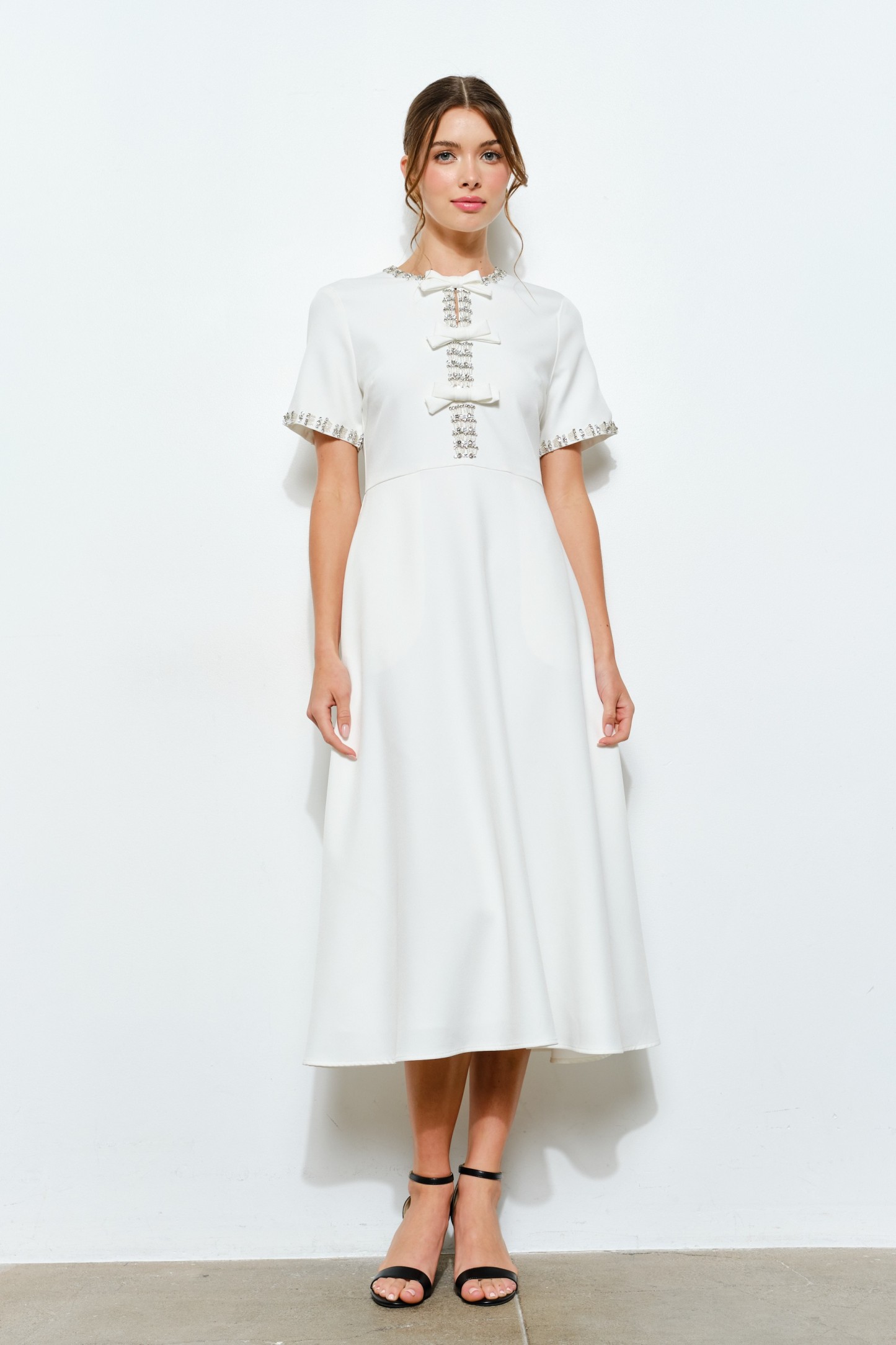Short Sleeve Embellished Bow Midi Dress #23704849