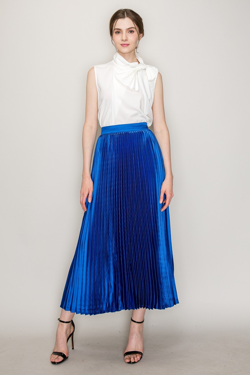 High Waist Satin Pleated Long Skirt #22890652