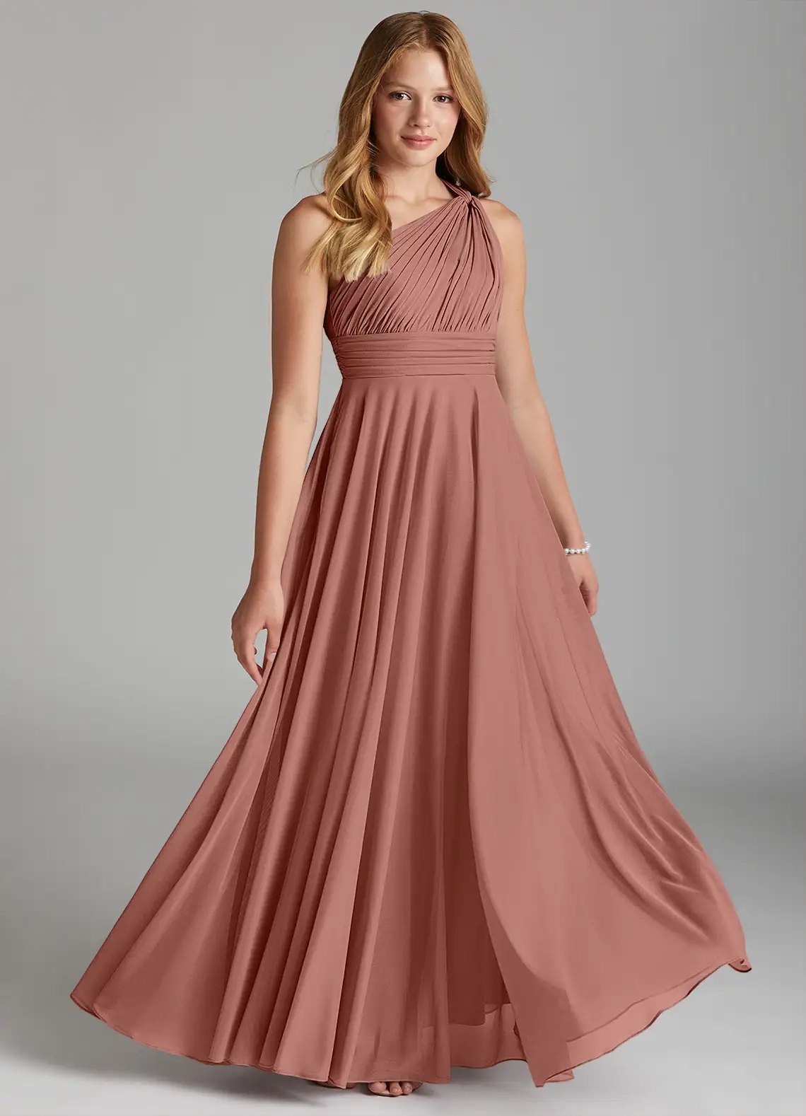 A-Line One-Shoulder Mesh Ruched Cedar Rose Junior Bridesmaid Dress