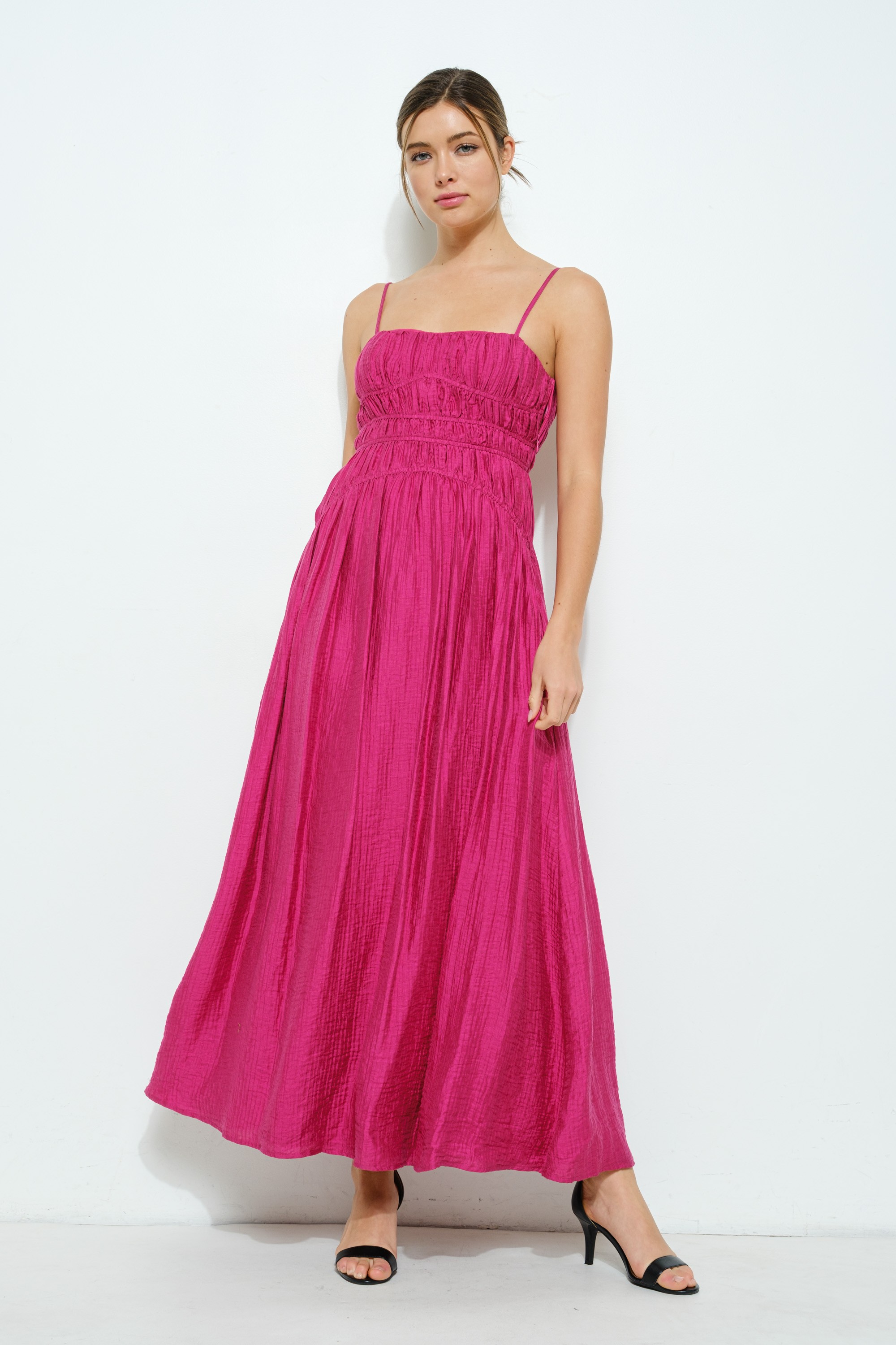 Satin Ruched Detailing Sleeveless Maxi Dress #23674842