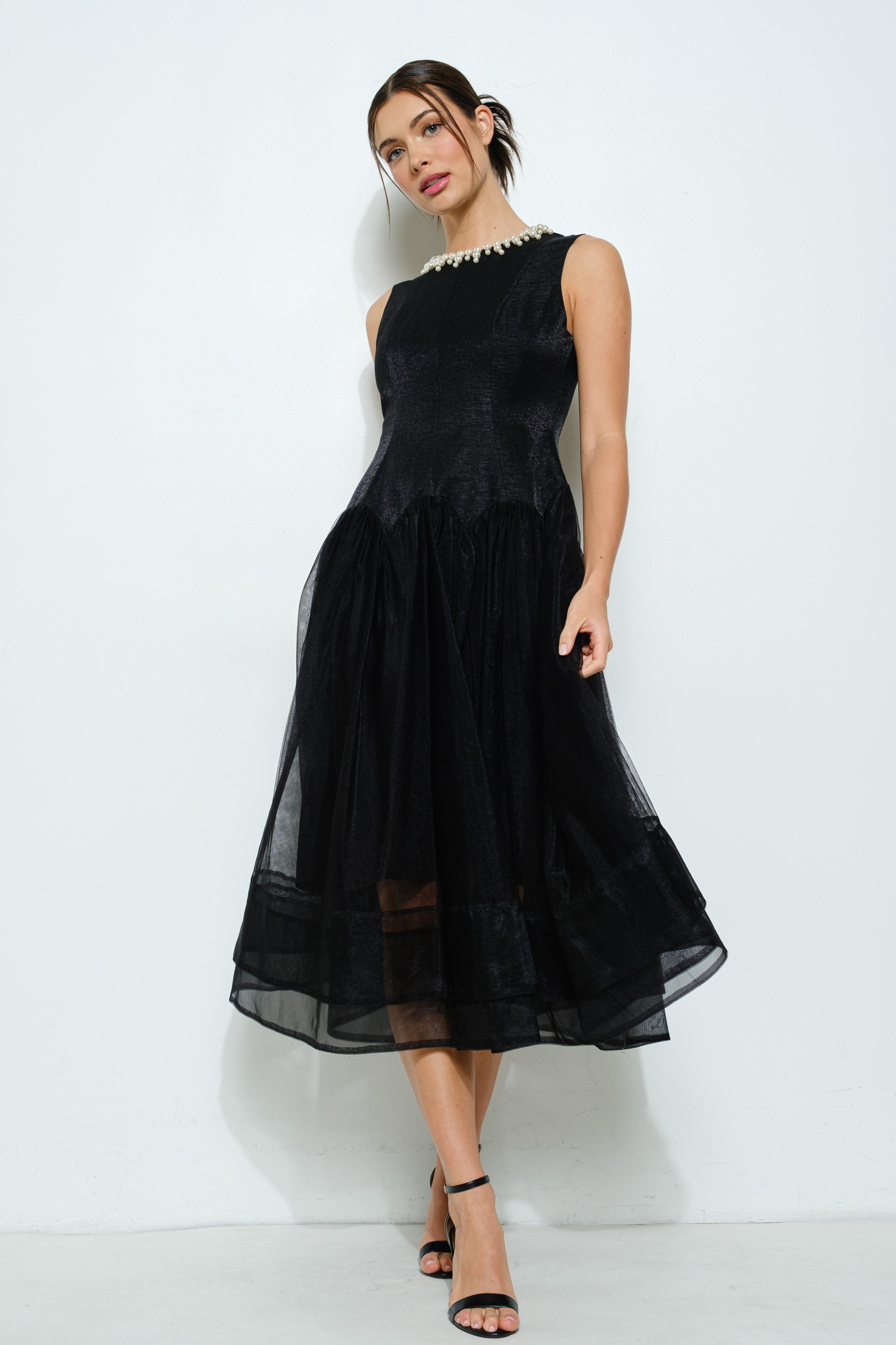 Pearl Embellished Sheer Tulle Midi Dress #23556579