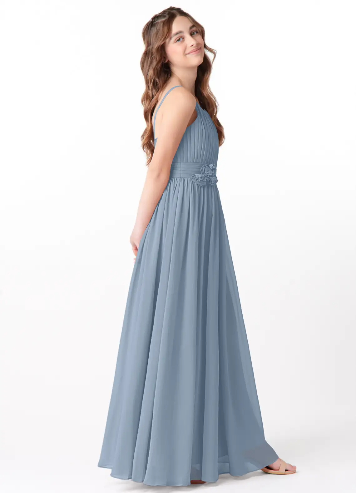 A-Line Scoop Floral Chiffon Dusty Blue Bridesmaid Dress
