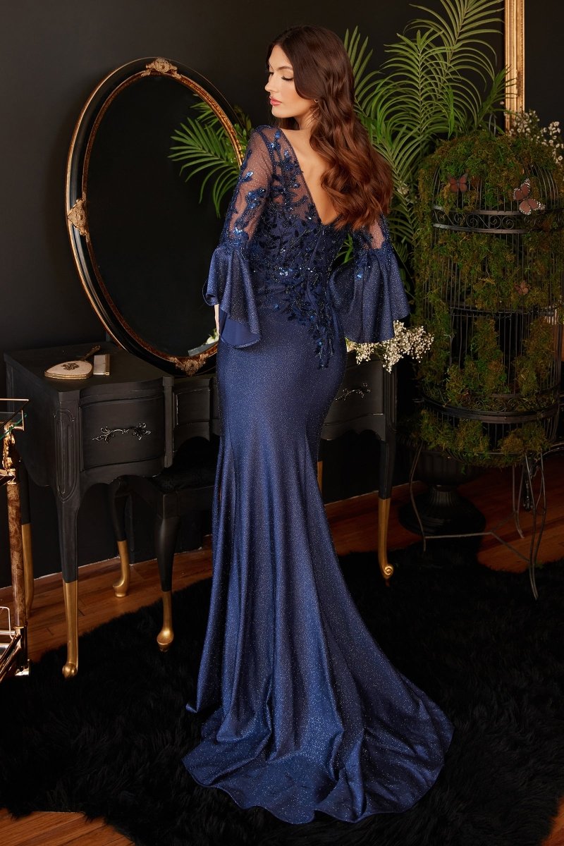Stunning Fitted V-Neck Long Bell Sleeve Lace Satin Gown #9247