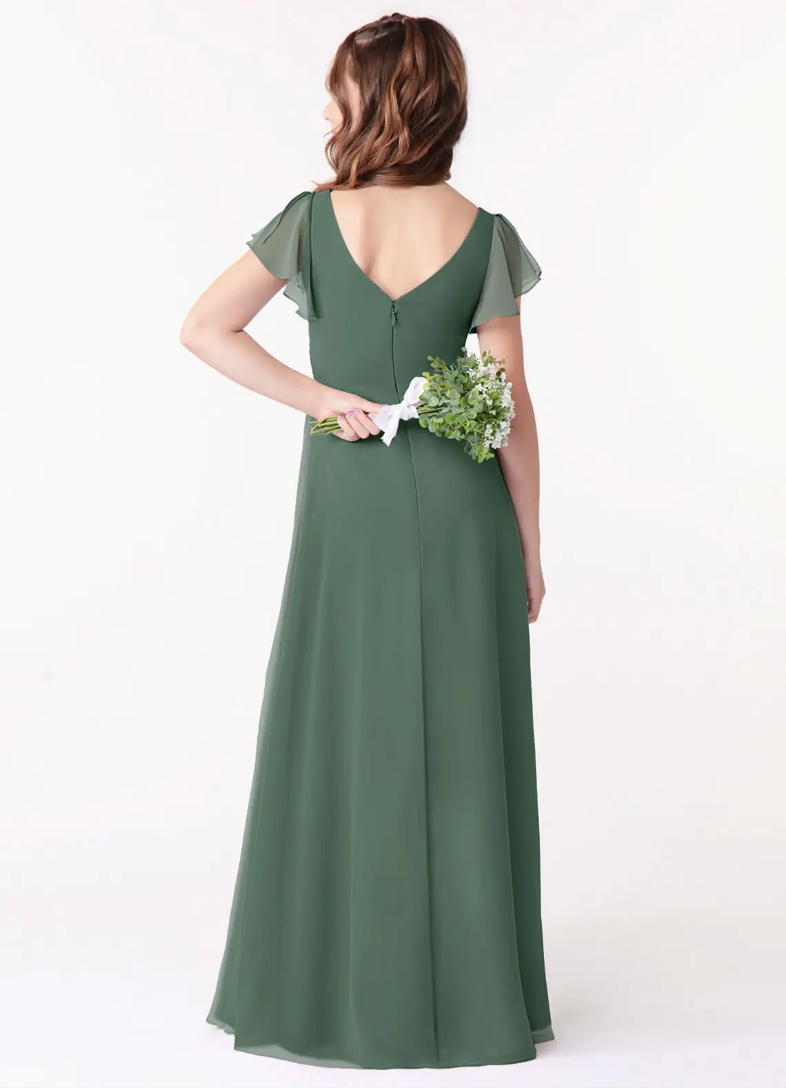 A-Line V-Neck Ruched Chiffon Eucalyptus Junior Bridesmaid Dress