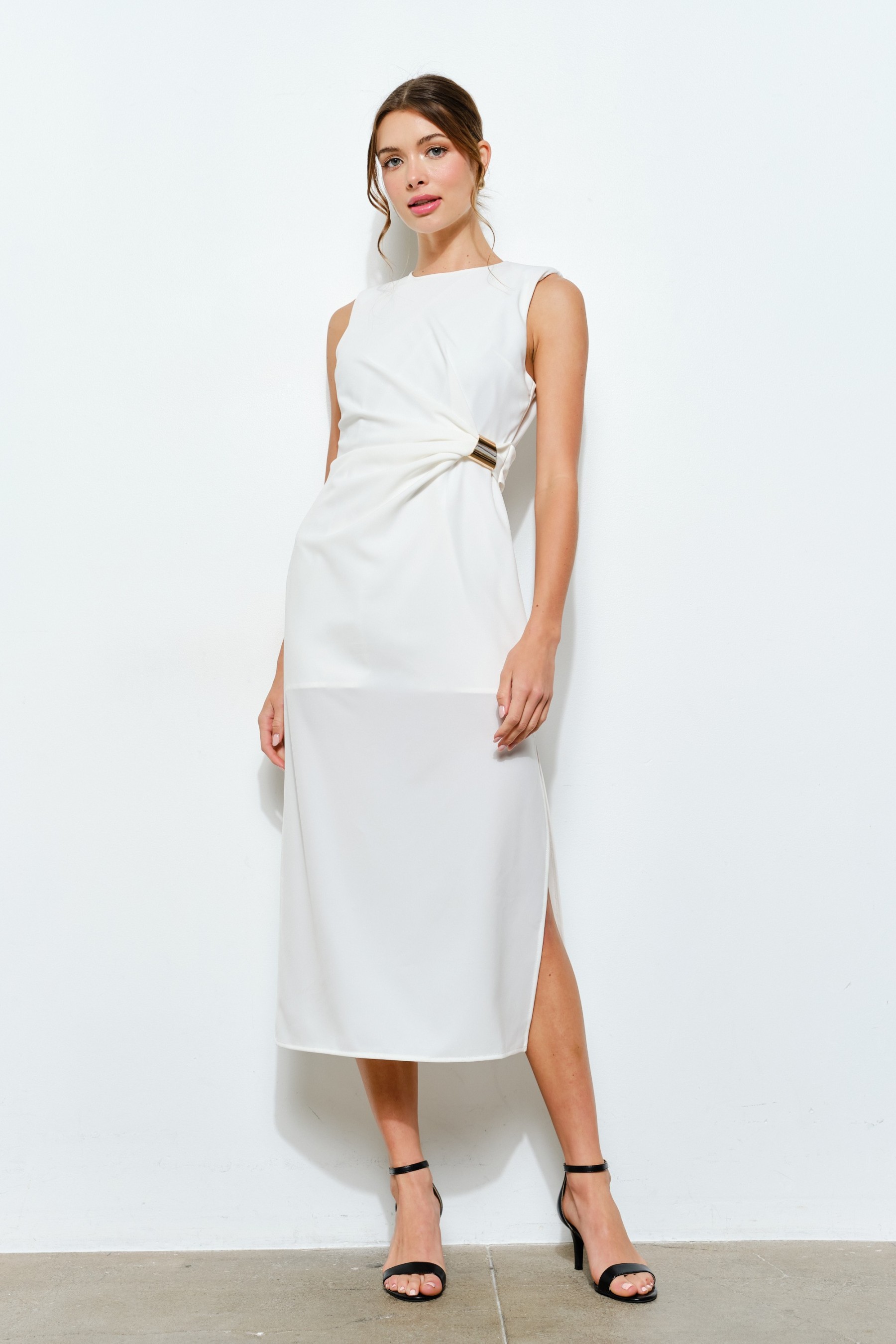 Sleeveless Draped Gold Accent Midi Dress #23592597