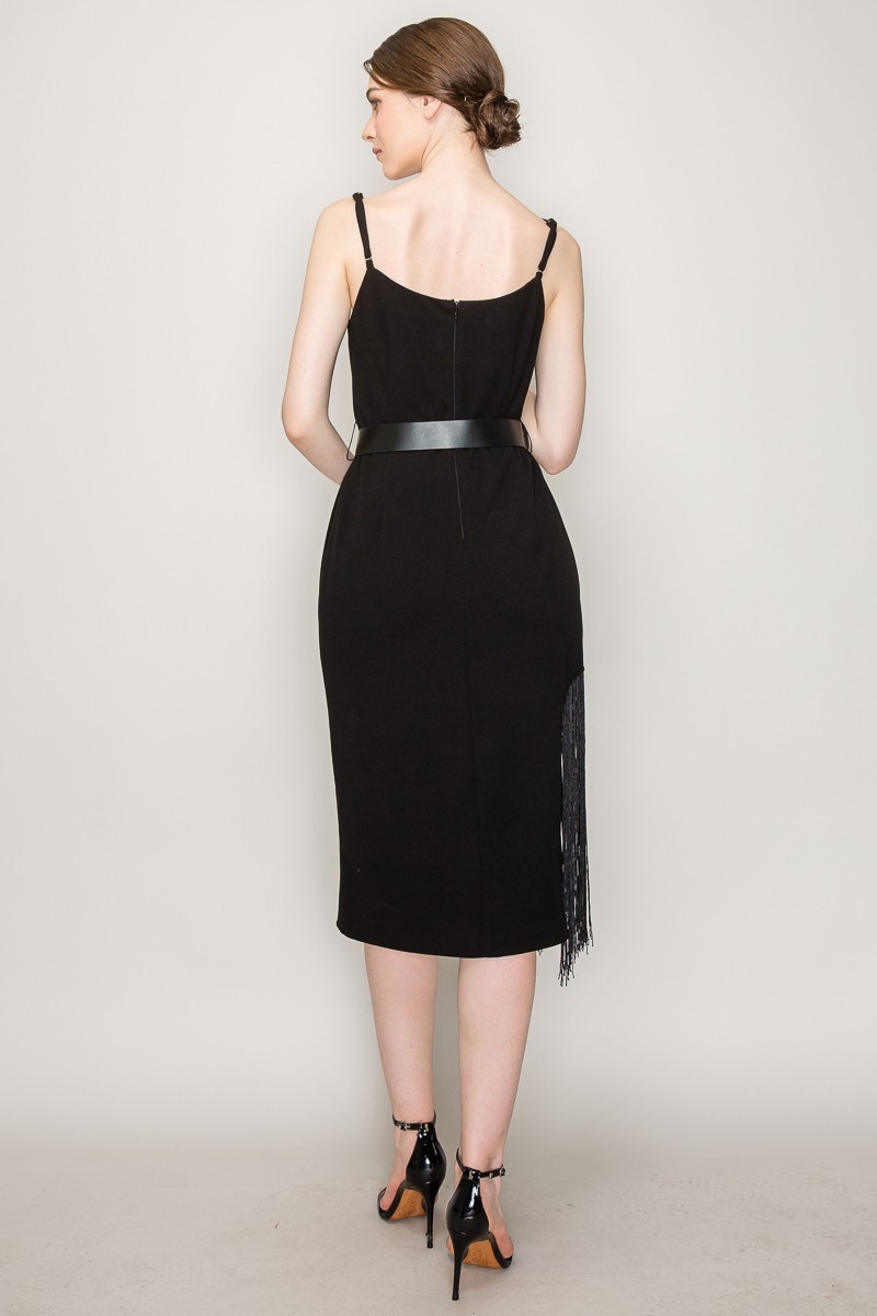 Sleeveless Side Slit Fringe Midi Dress #23549658