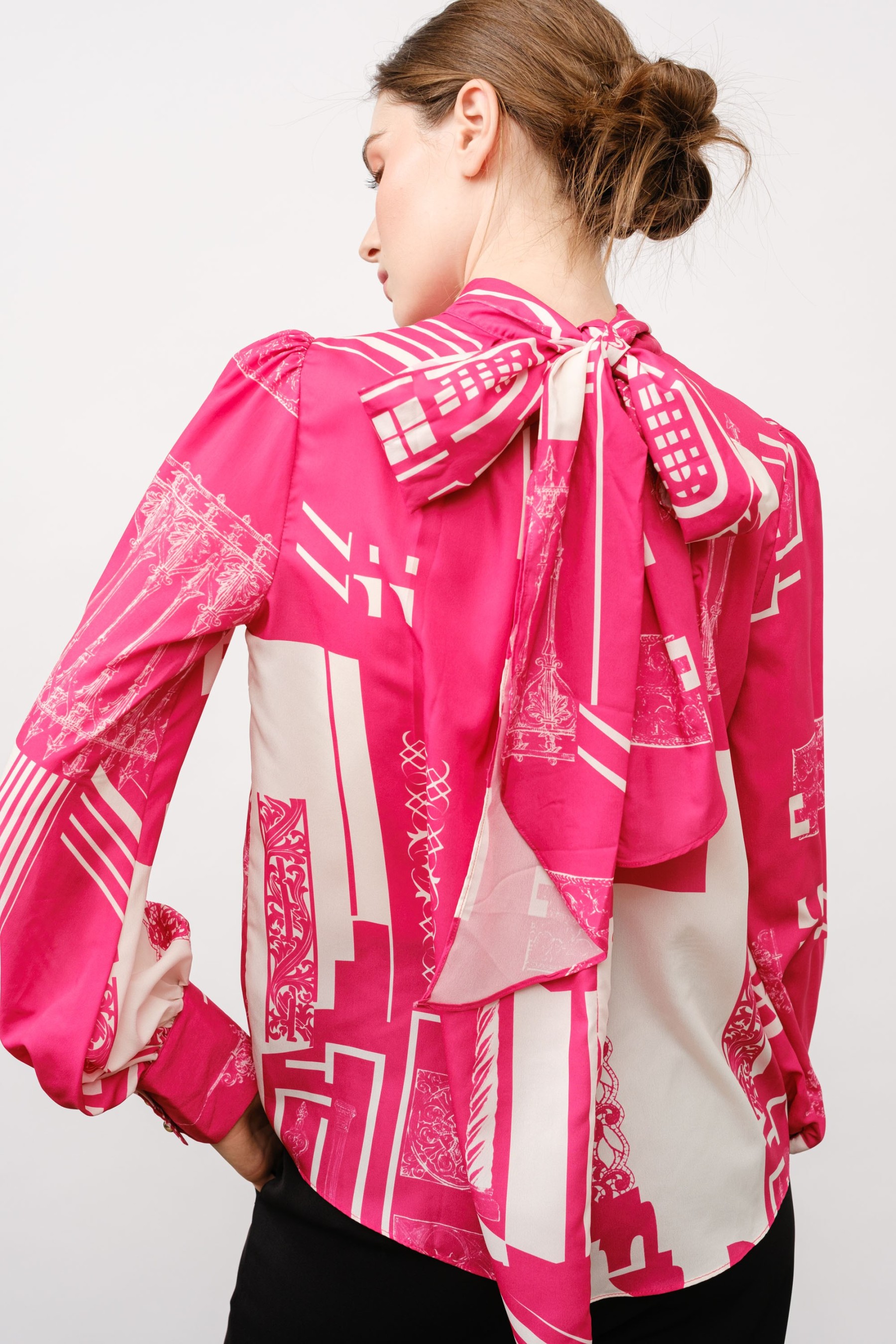 Long Puff Sleeve Abstract Print Bow Detail Blouse #23672957