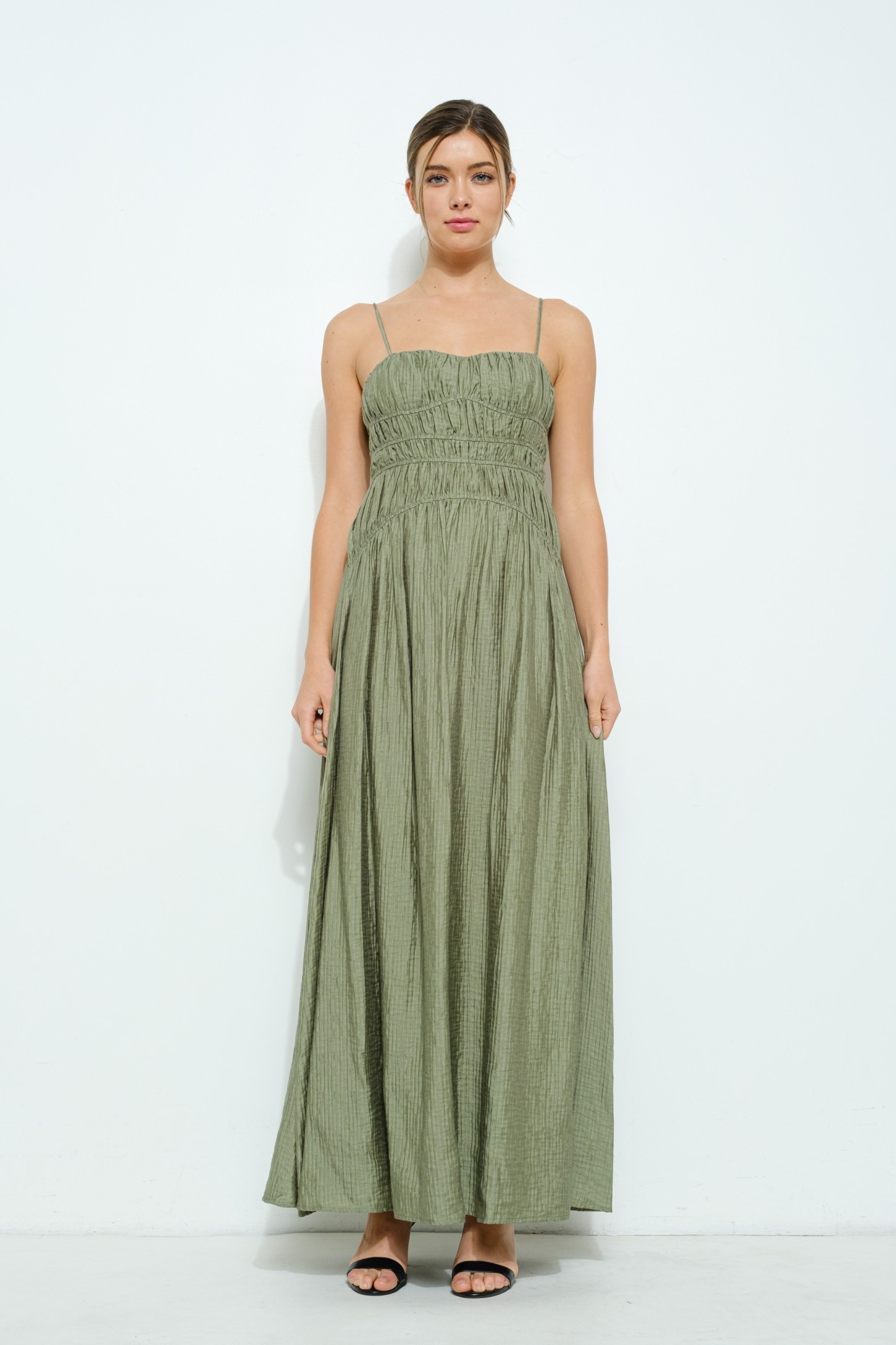 Satin Ruched Detailing Sleeveless Maxi Dress #23674842