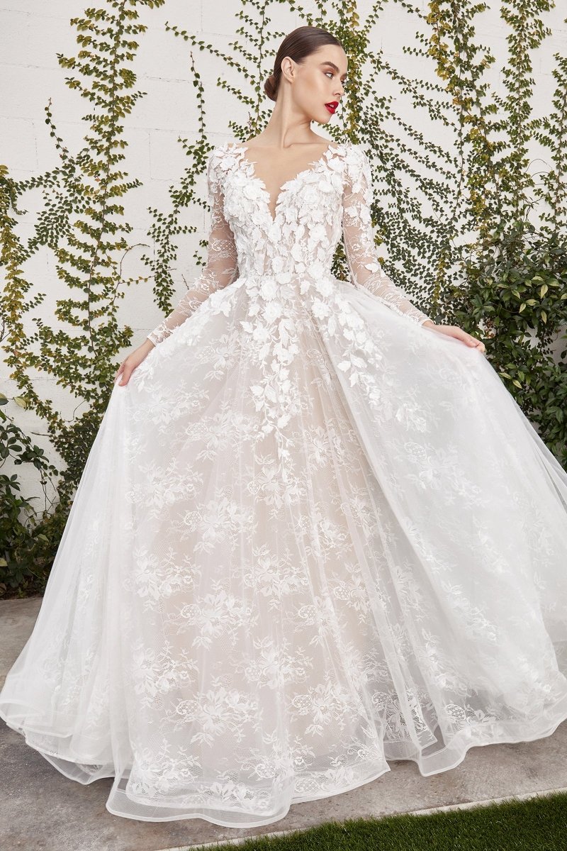  Classic A-Line V-Neck White Florals Wedding Gown #A1067W