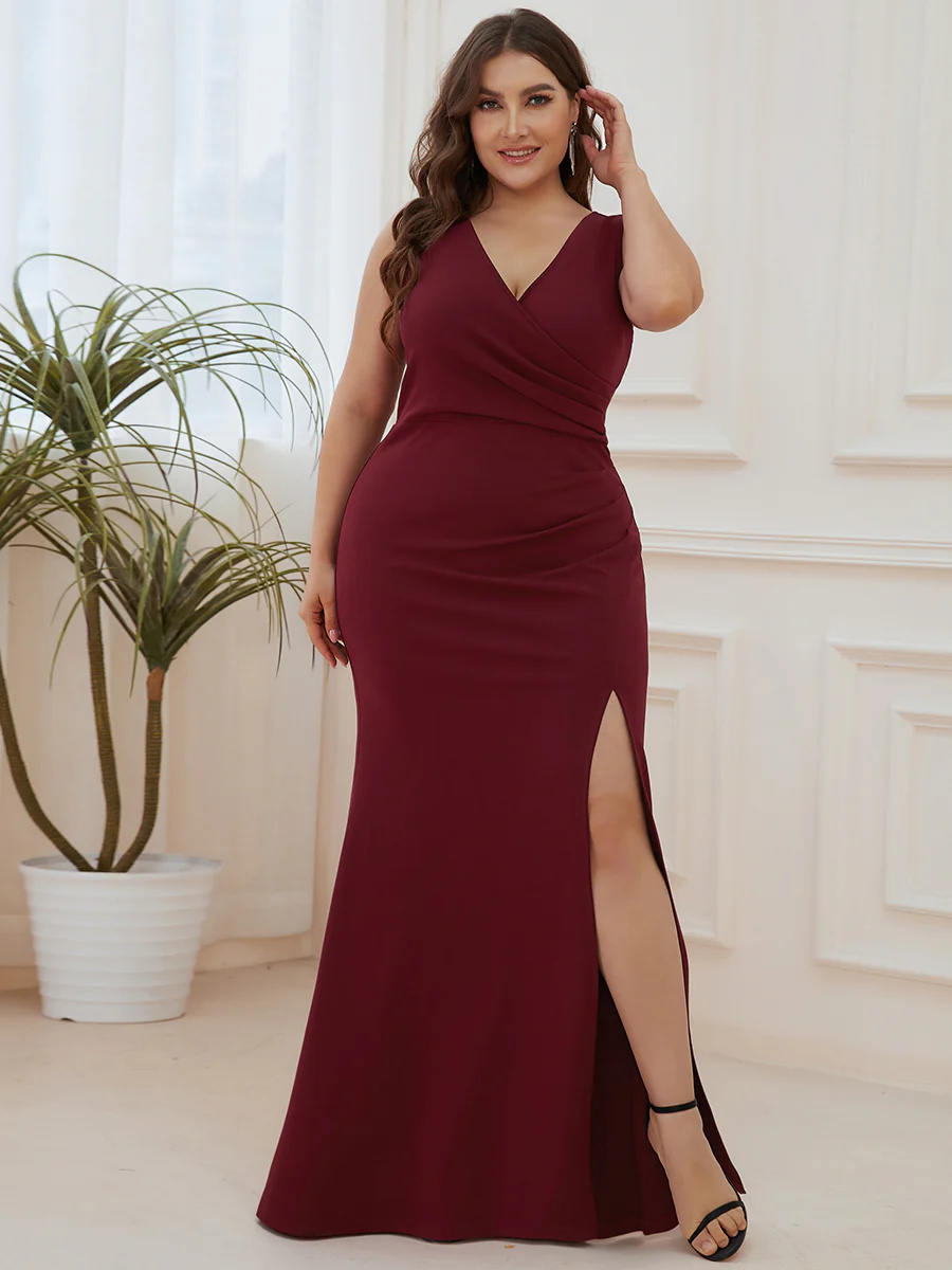 Deep V-Neck Sleeveless Pencil Split Bridesmaid Dress #EMAE00007