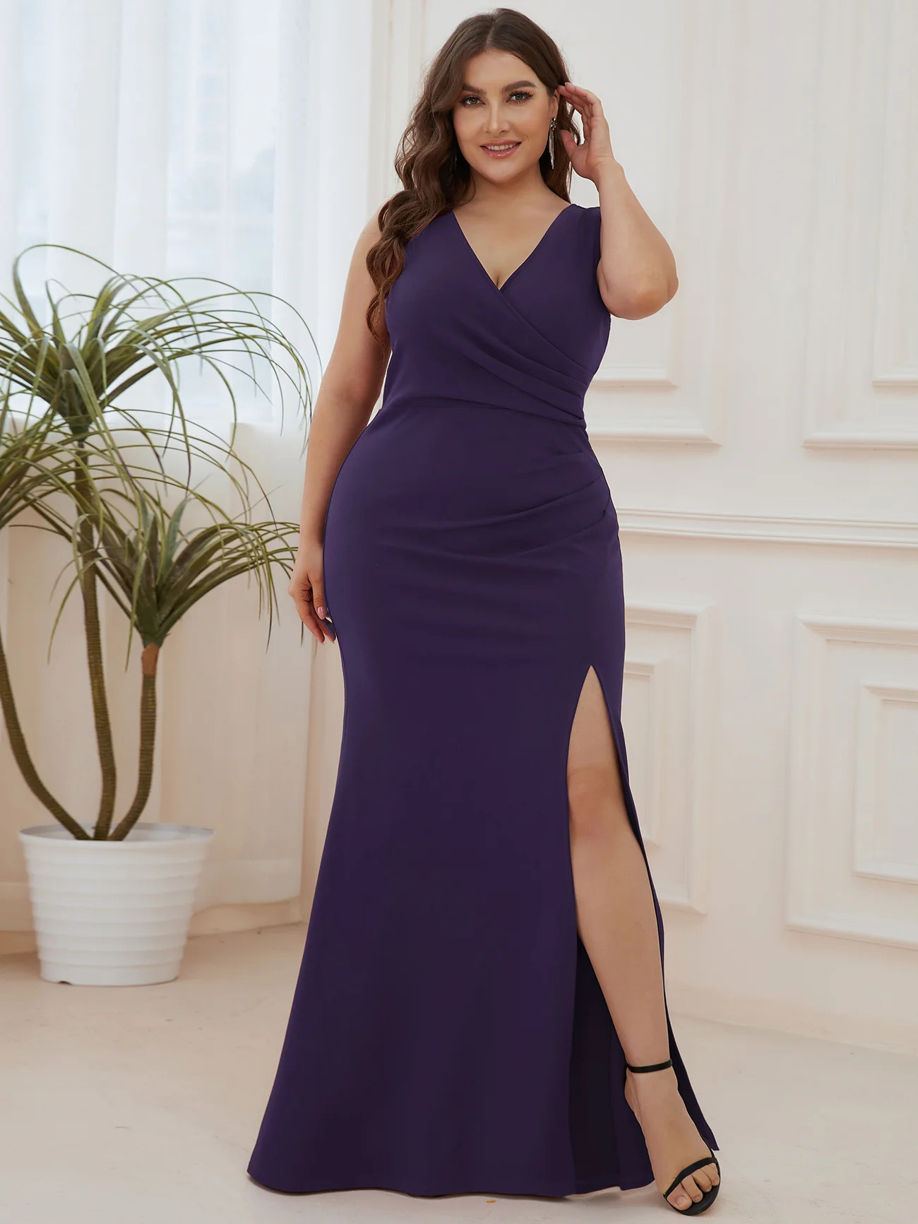 Deep V-Neck Sleeveless Pencil Split Bridesmaid Dress #EMAE00007