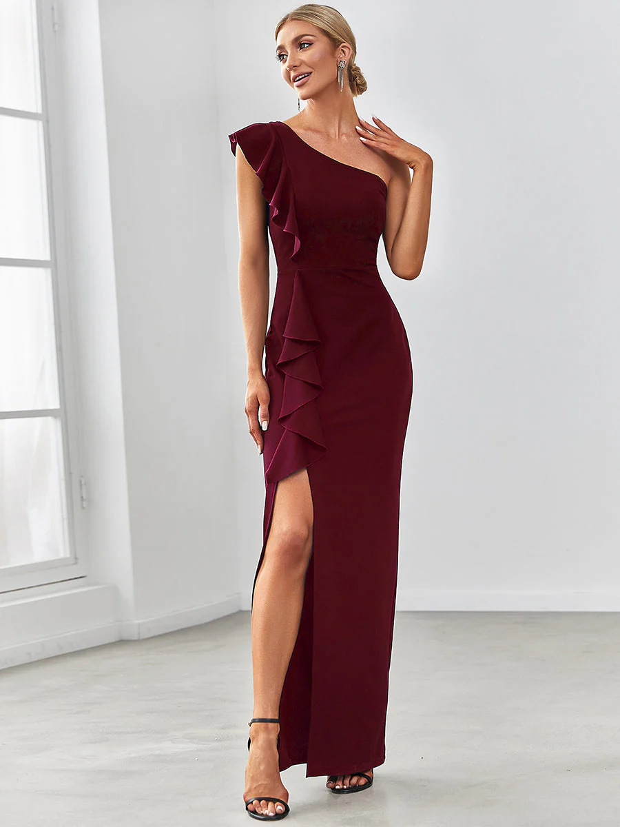 Classy Sleeveless Asymmetric Shoulders Pencil Bridesmaid Dress #EMAE00010
