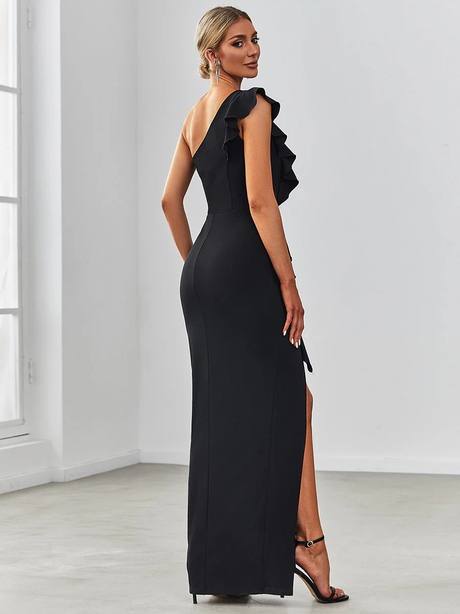 Classy Sleeveless Asymmetric Shoulders Pencil Bridesmaid Dress #EMAE00010